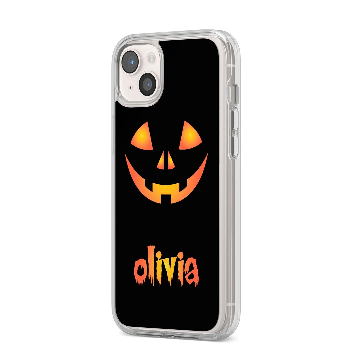 Personalised Pumpkin Face Halloween iPhone 14 Plus Clear Tough Case Starlight Angled Image