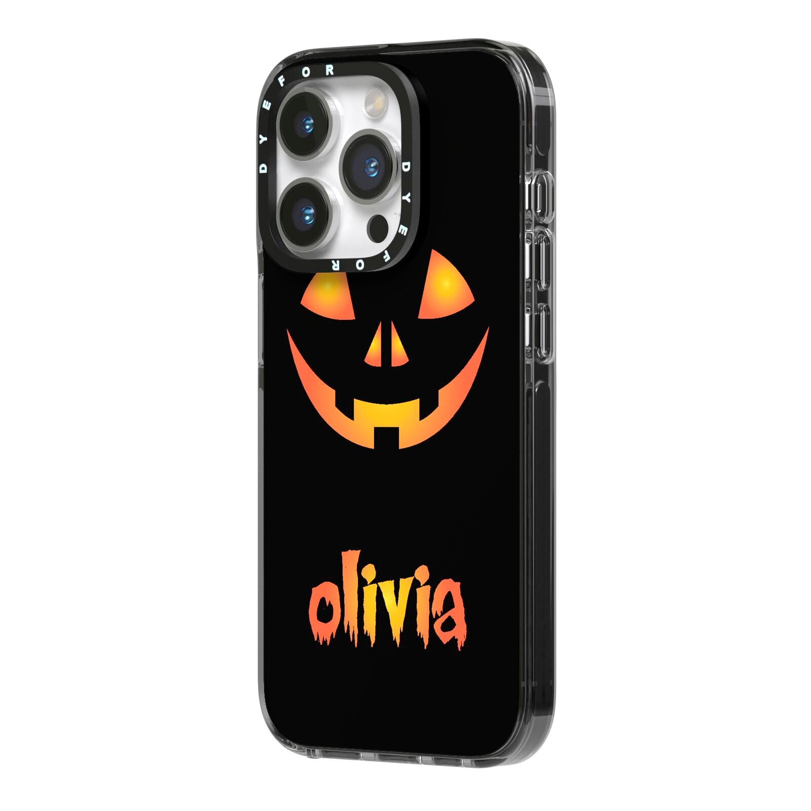 Personalised Pumpkin Face Halloween iPhone 14 Pro Black Impact Case Side Angle on Silver phone