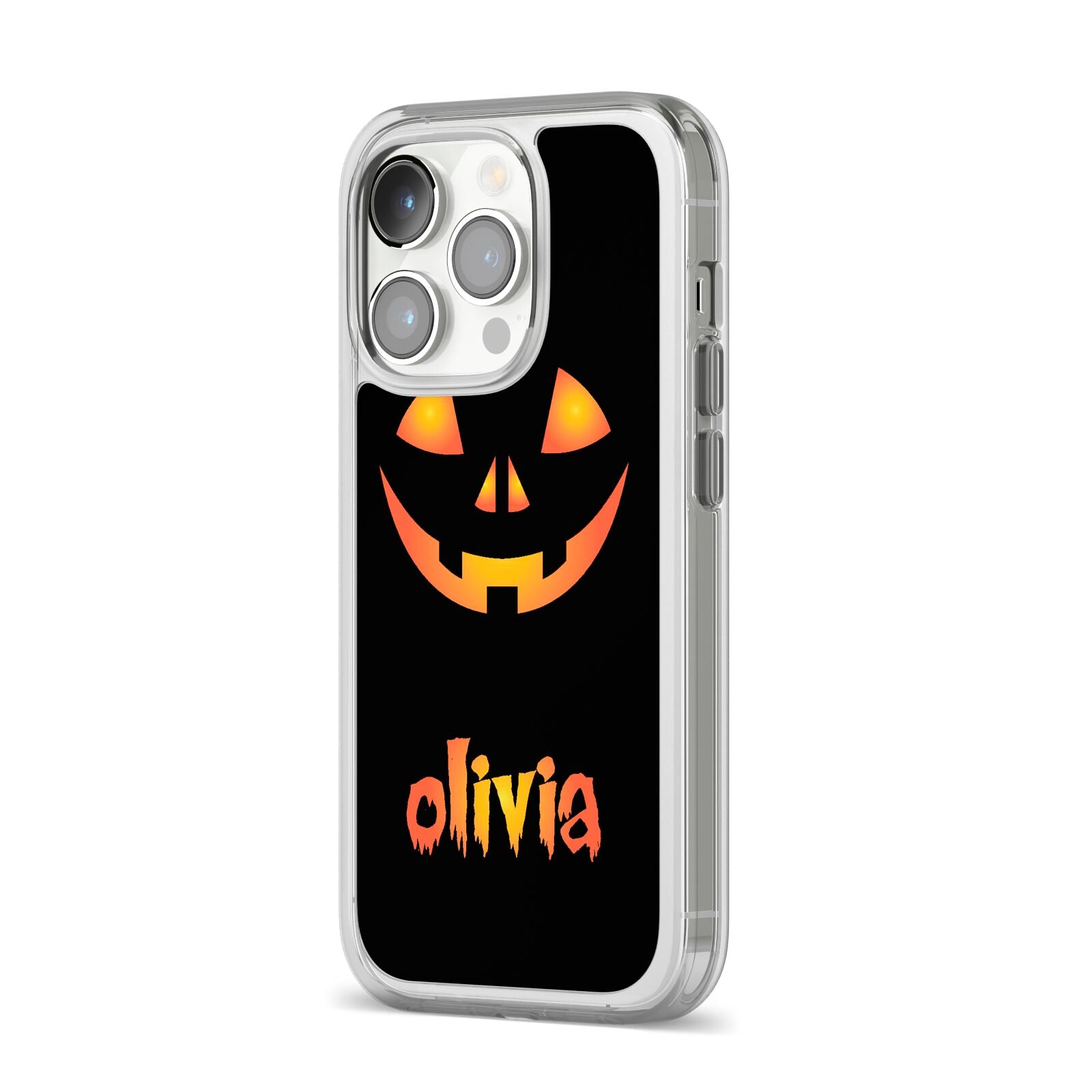 Personalised Pumpkin Face Halloween iPhone 14 Pro Clear Tough Case Silver Angled Image