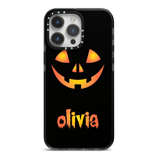 Personalised Pumpkin Face Halloween iPhone 14 Pro Max Black Impact Case on Silver phone
