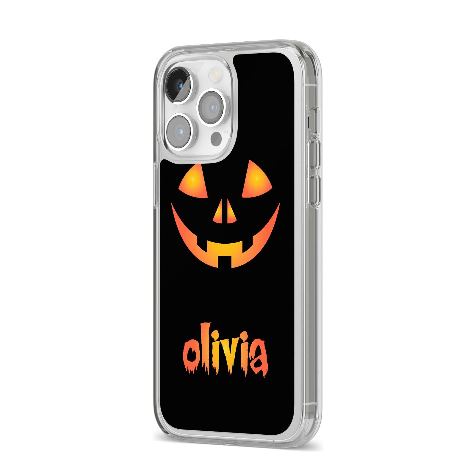 Personalised Pumpkin Face Halloween iPhone 14 Pro Max Clear Tough Case Silver Angled Image