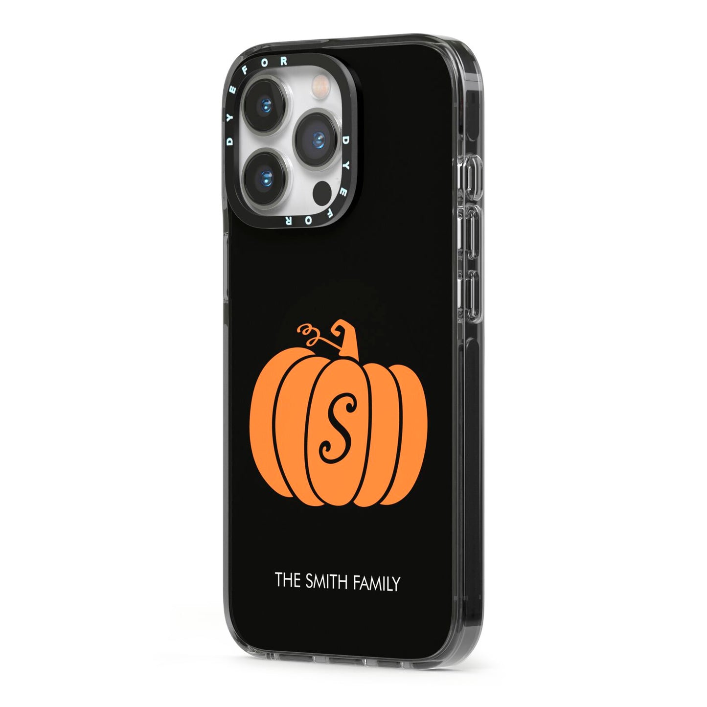 Personalised Pumpkin iPhone 13 Pro Black Impact Case Side Angle on Silver phone