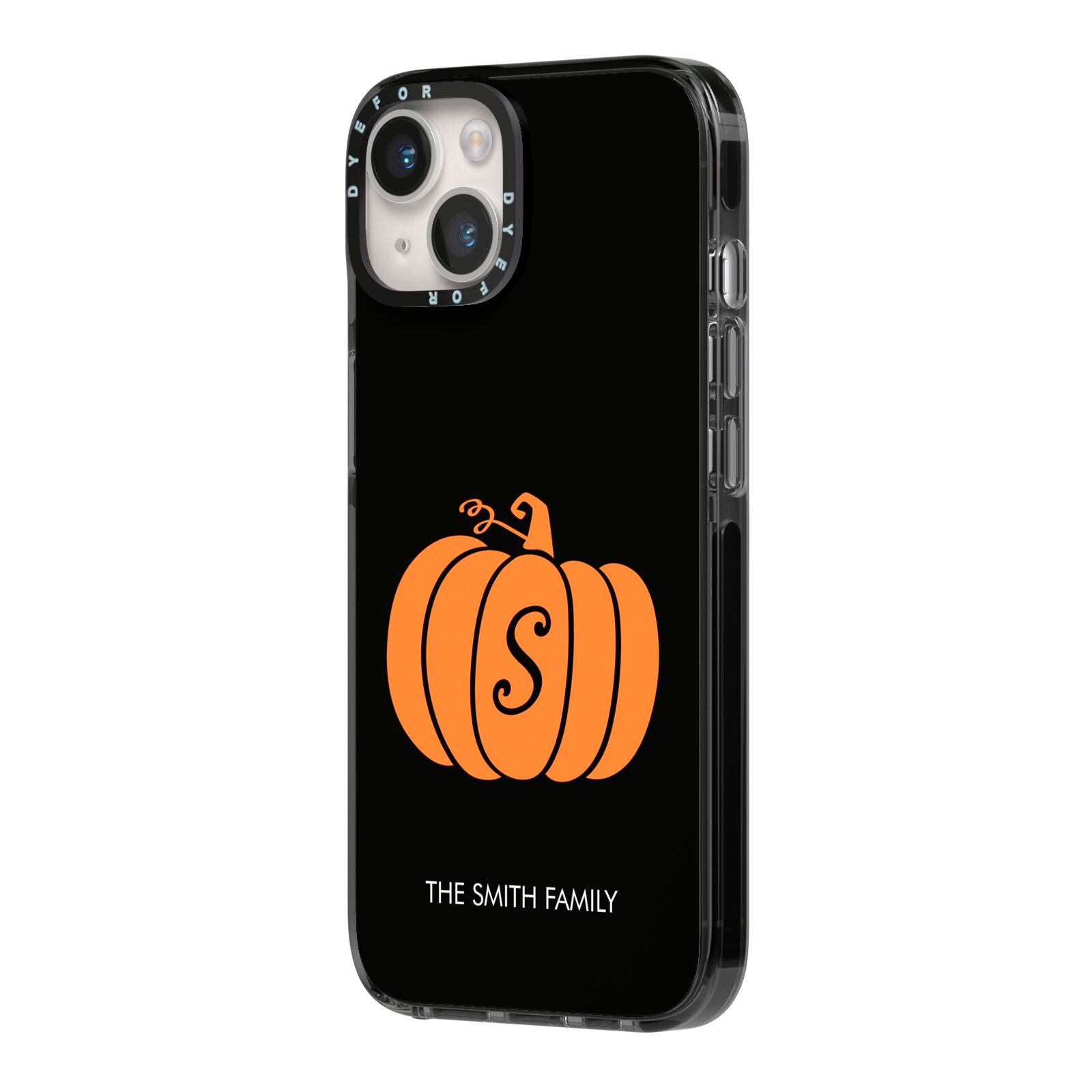 Personalised Pumpkin iPhone 14 Black Impact Case Side Angle on Silver phone