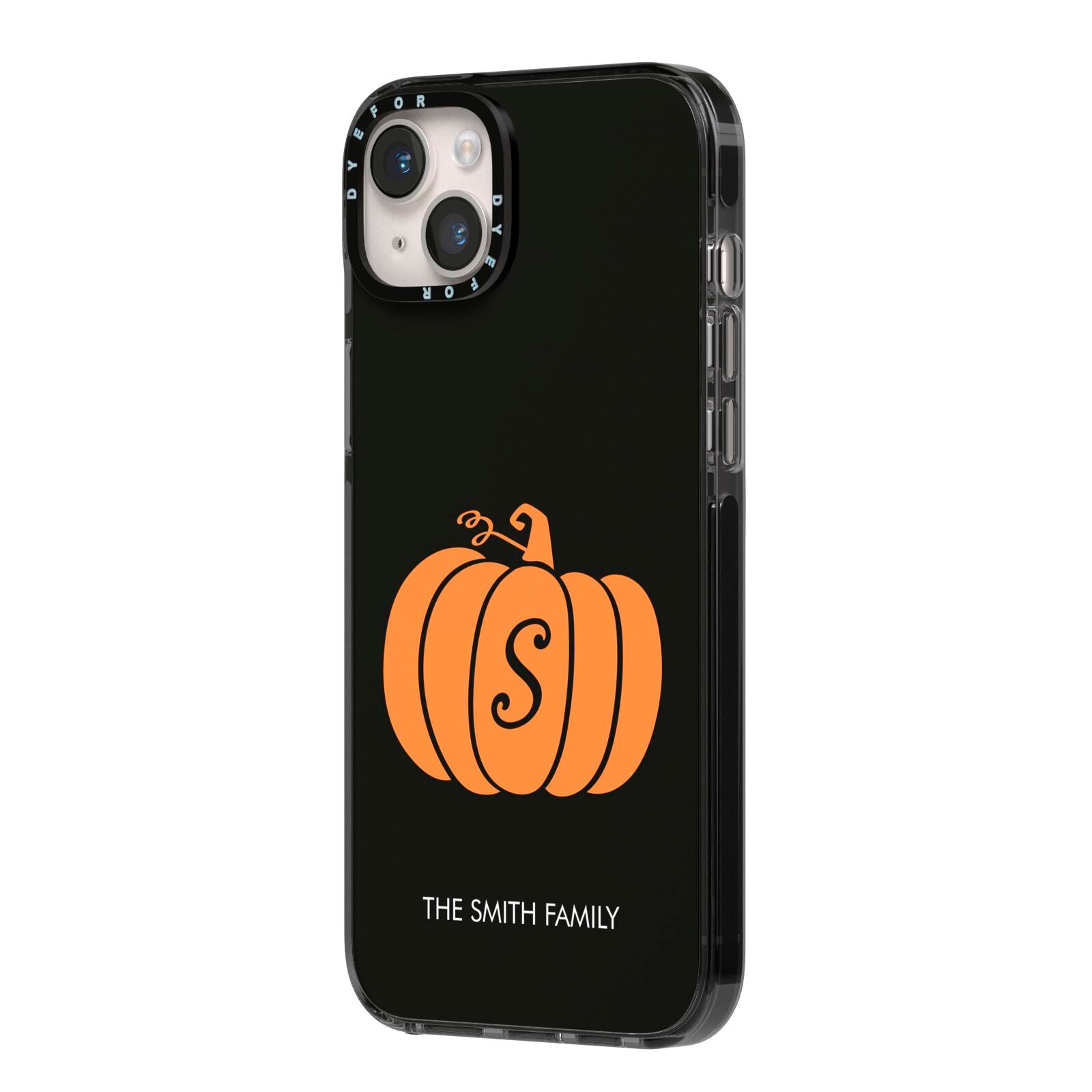 Personalised Pumpkin iPhone 14 Plus Black Impact Case Side Angle on Silver phone