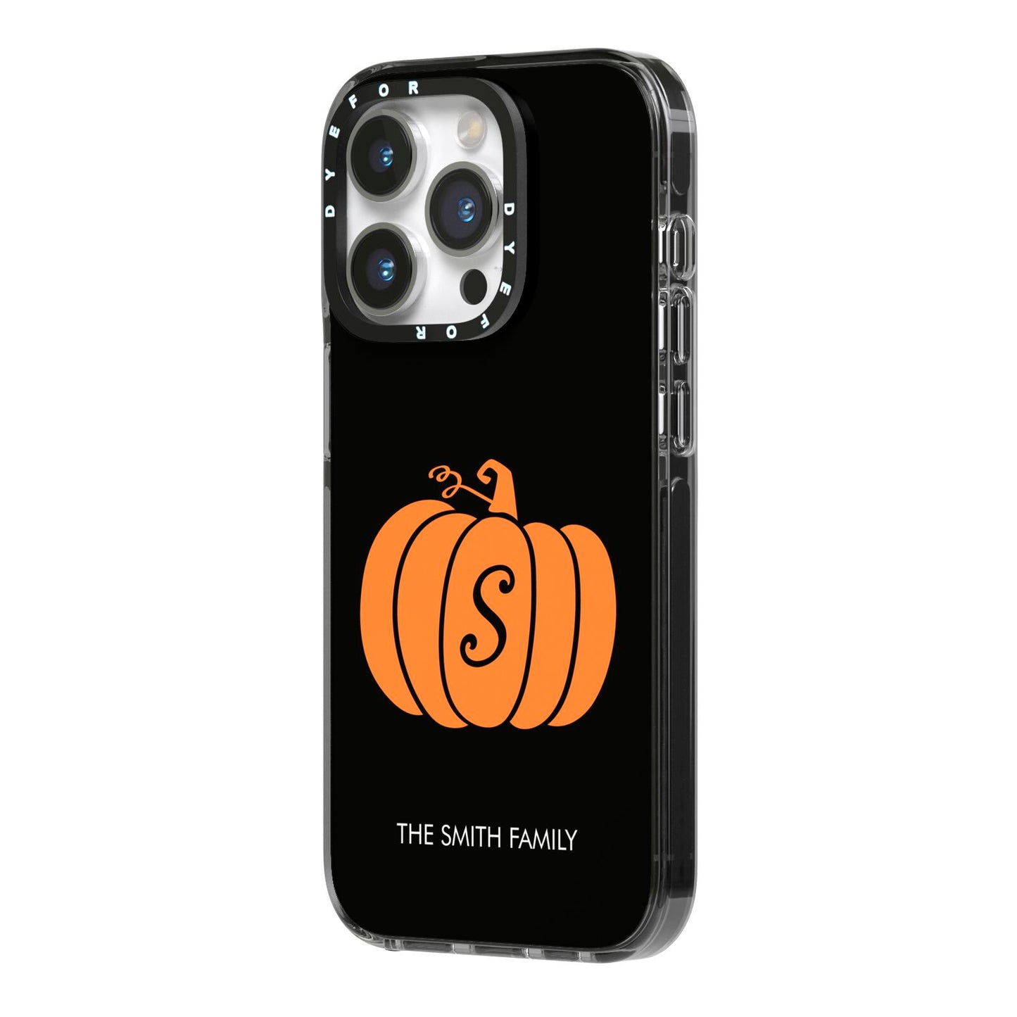 Personalised Pumpkin iPhone 14 Pro Black Impact Case Side Angle on Silver phone