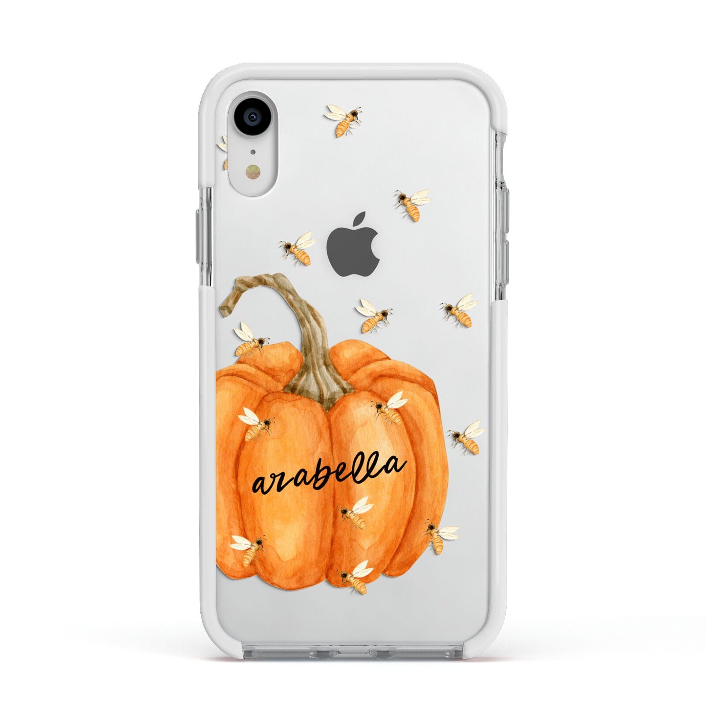 Personalised Pumpkin with Bees Apple iPhone XR Impact Case White Edge on Silver Phone