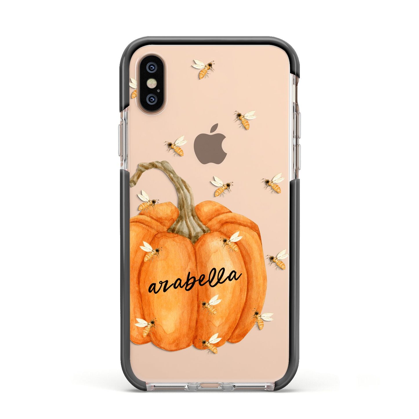 Personalised Pumpkin with Bees Apple iPhone Xs Impact Case Black Edge on Gold Phone
