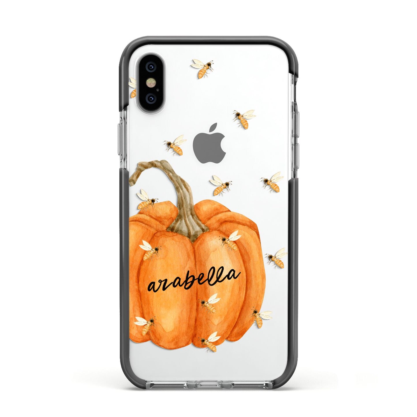 Personalised Pumpkin with Bees Apple iPhone Xs Impact Case Black Edge on Silver Phone