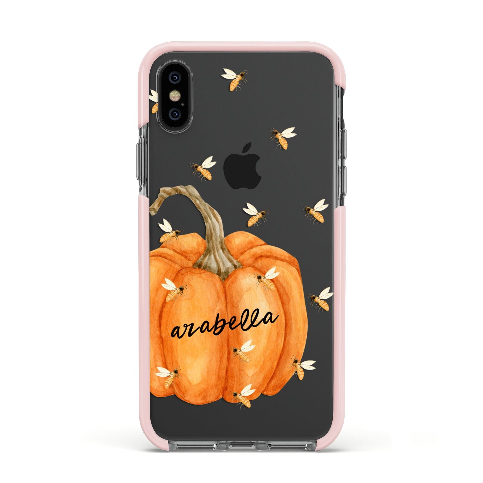 Personalised Pumpkin with Bees Apple iPhone Xs Impact Case Pink Edge on Black Phone