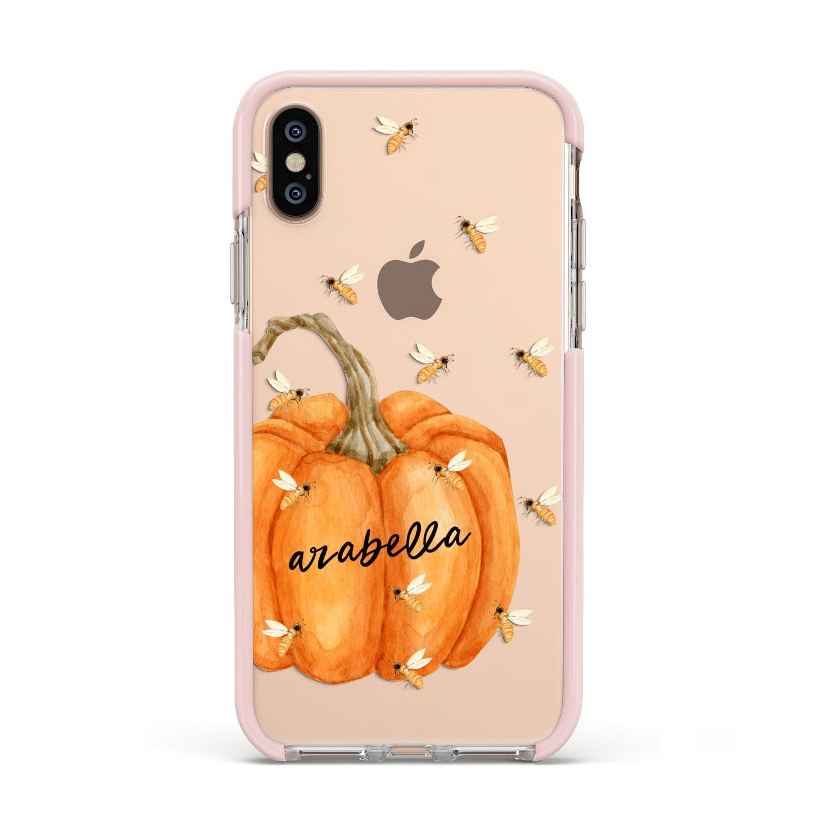 Personalised Pumpkin with Bees Apple iPhone Xs Impact Case Pink Edge on Gold Phone