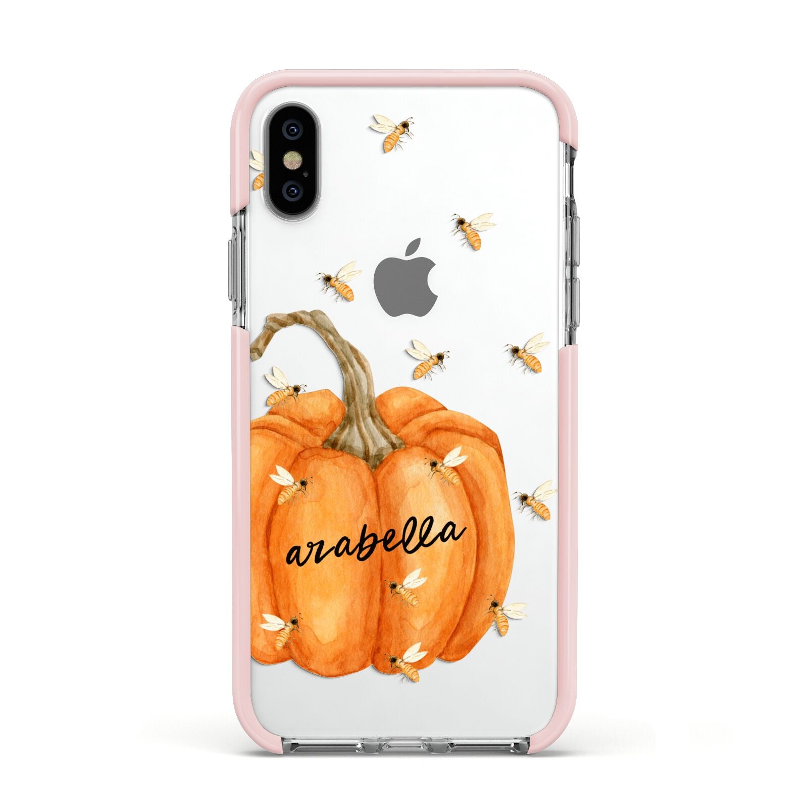 Personalised Pumpkin with Bees Apple iPhone Xs Impact Case Pink Edge on Silver Phone