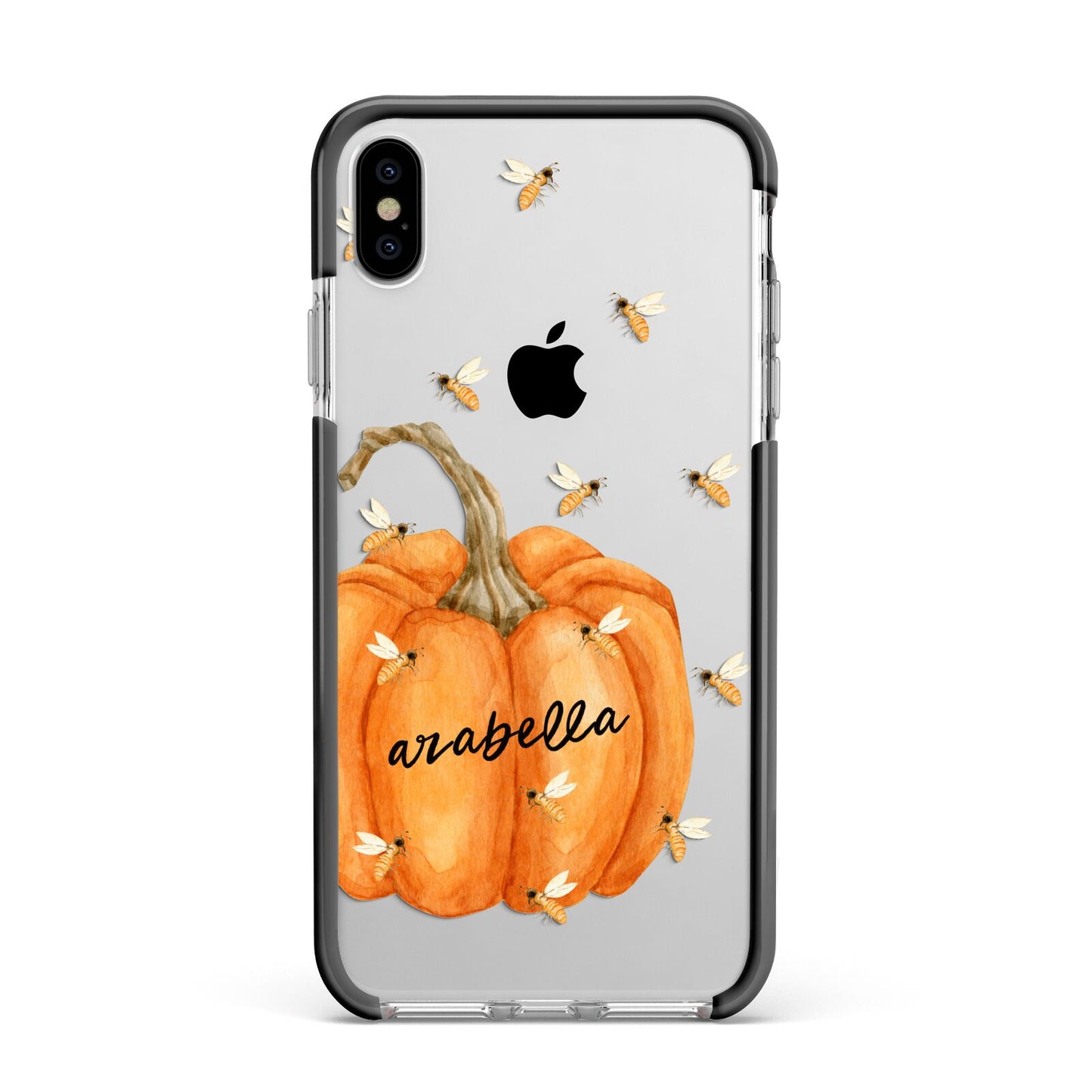 Personalised Pumpkin with Bees Apple iPhone Xs Max Impact Case Black Edge on Silver Phone