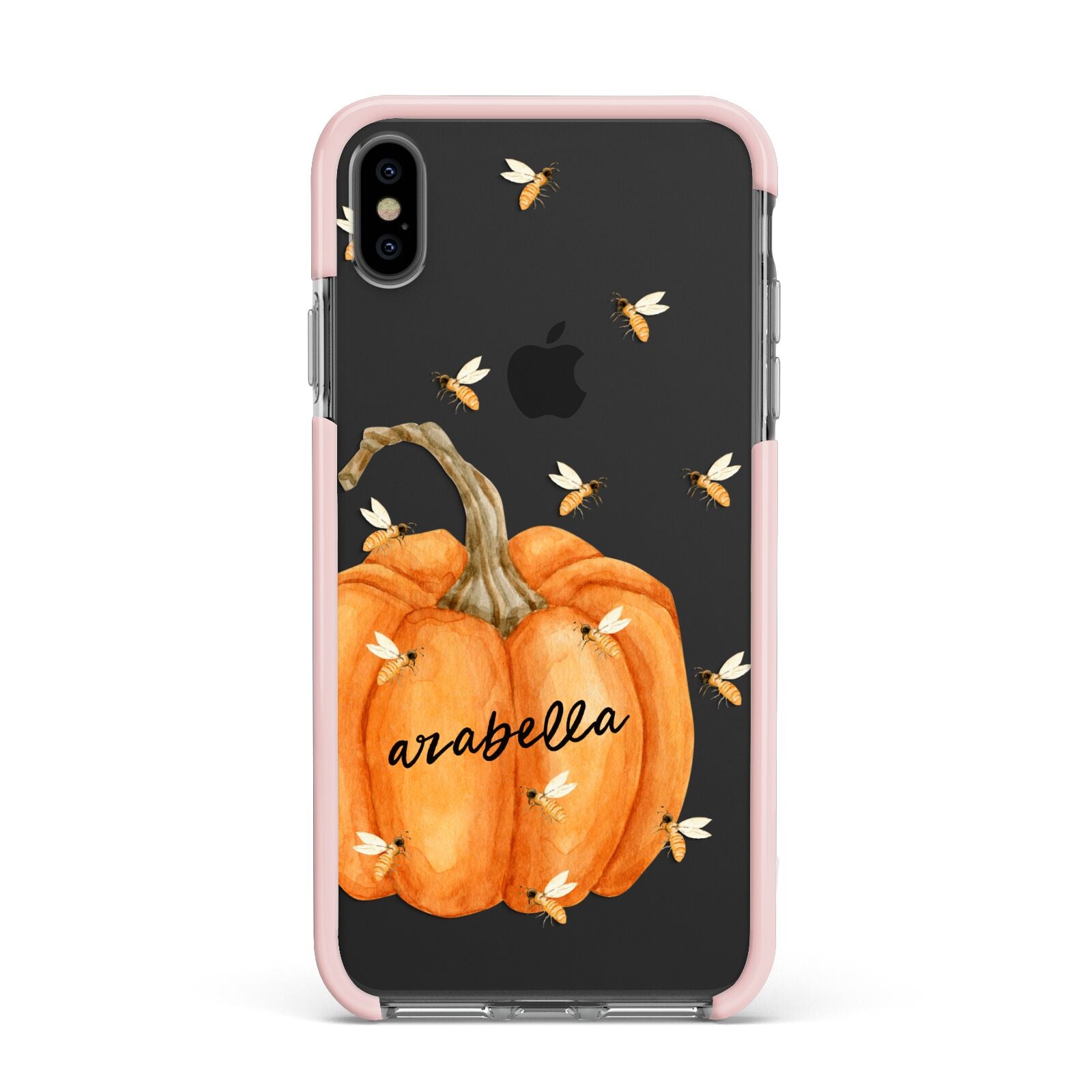 Personalised Pumpkin with Bees Apple iPhone Xs Max Impact Case Pink Edge on Black Phone