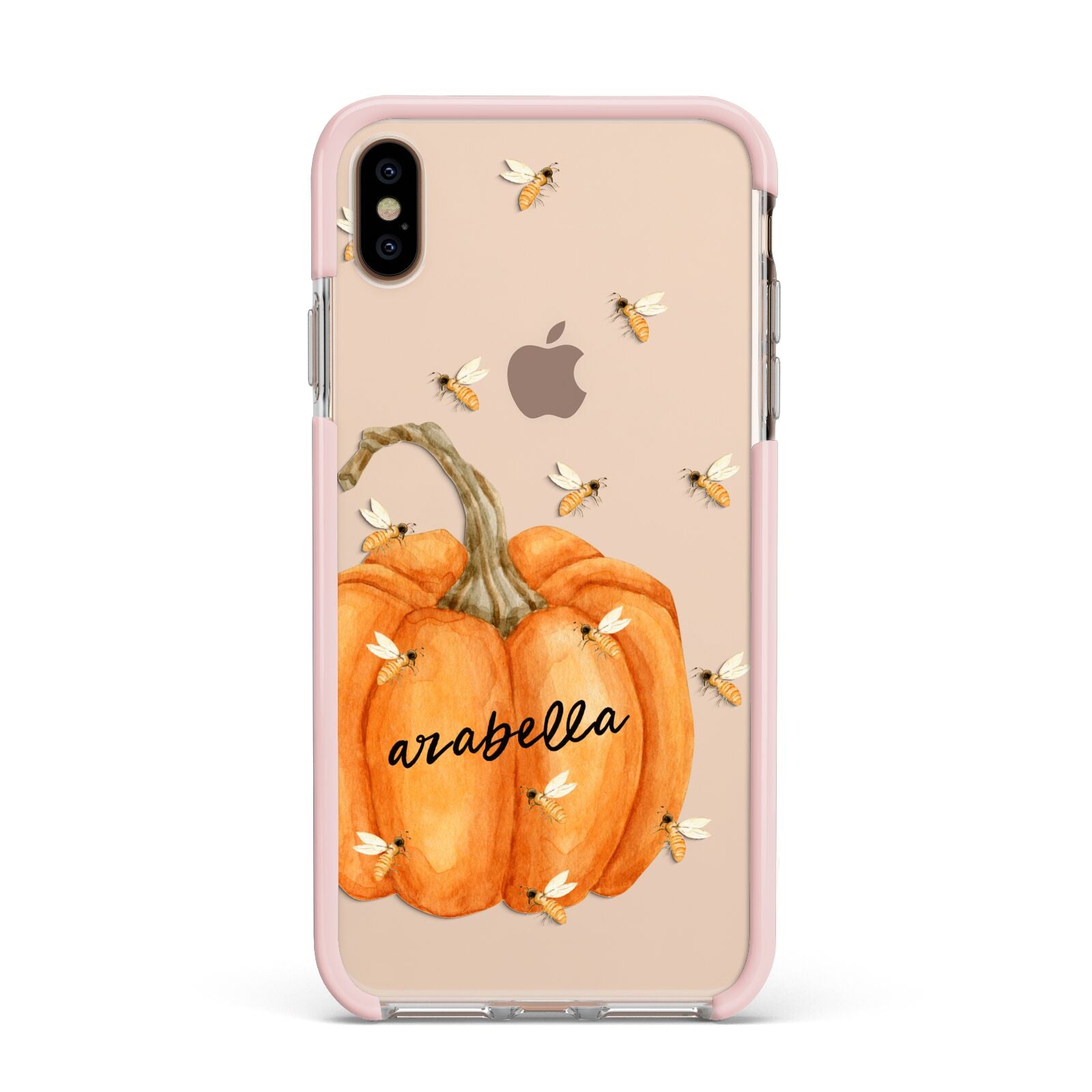 Personalised Pumpkin with Bees Apple iPhone Xs Max Impact Case Pink Edge on Gold Phone