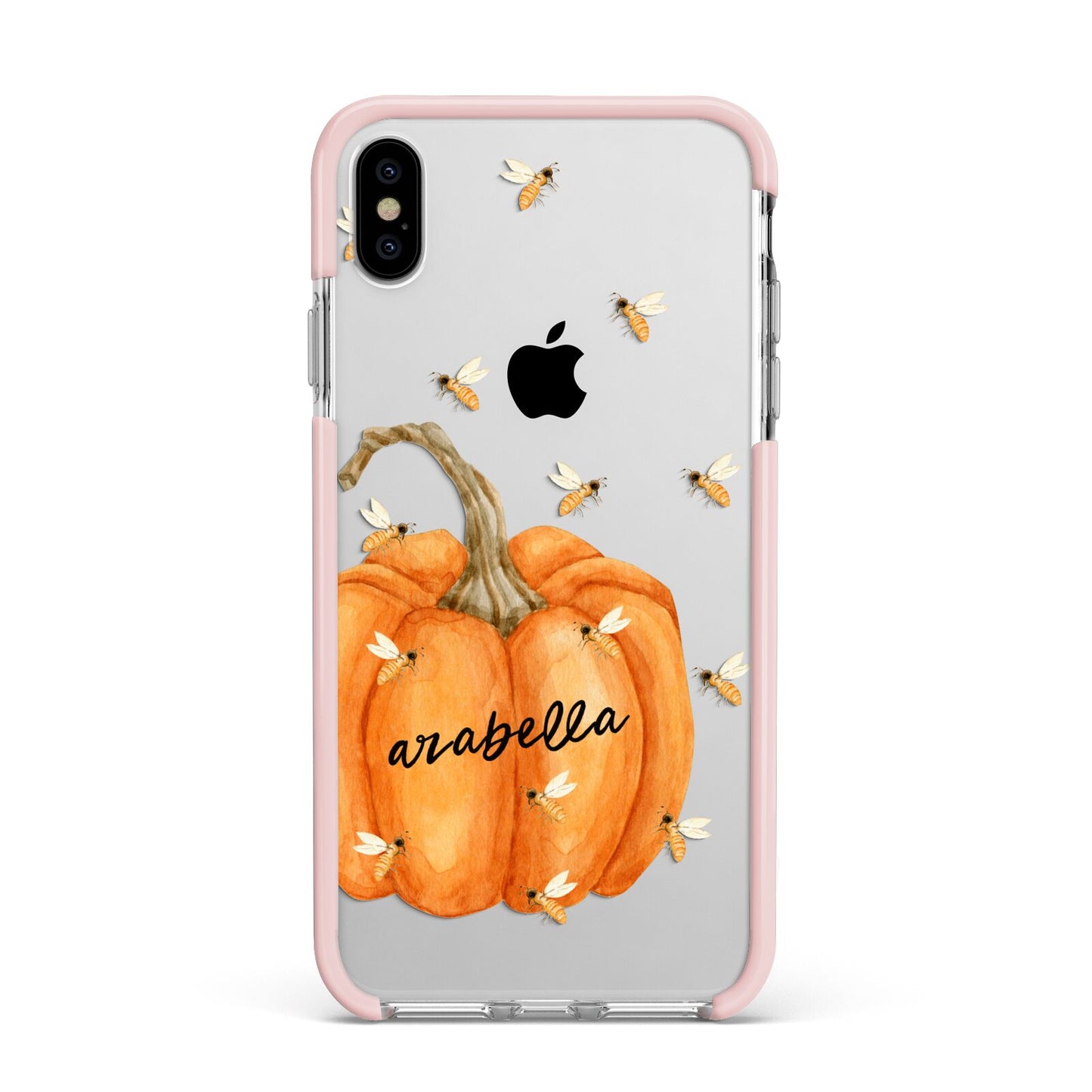 Personalised Pumpkin with Bees Apple iPhone Xs Max Impact Case Pink Edge on Silver Phone