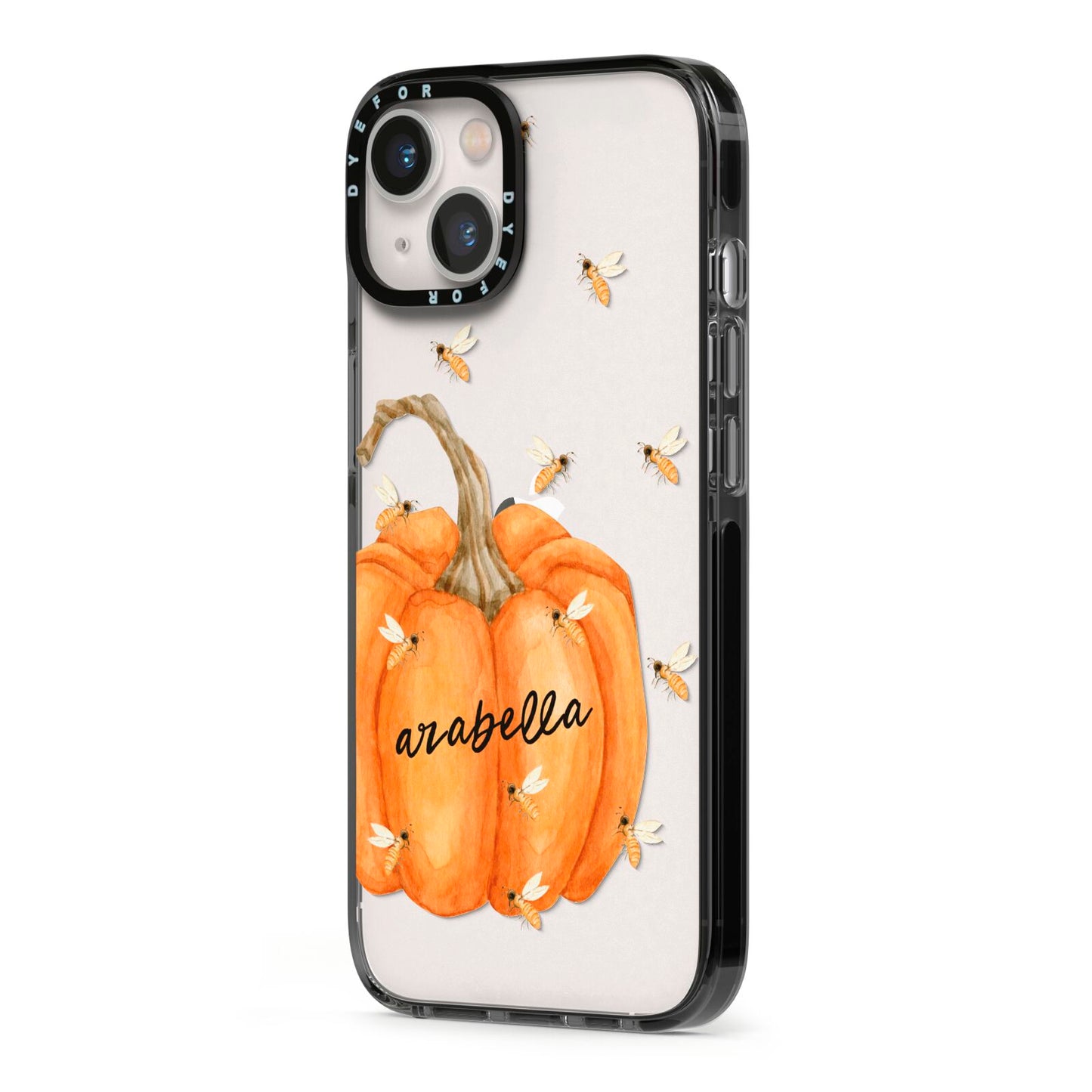 Personalised Pumpkin with Bees iPhone 13 Black Impact Case Side Angle on Silver phone