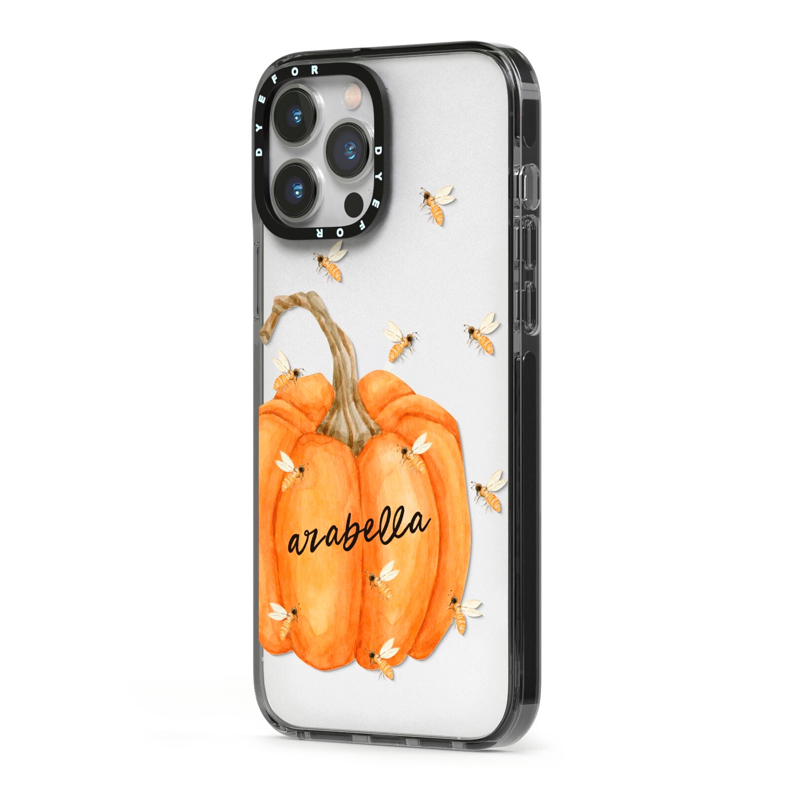 Personalised Pumpkin with Bees iPhone 13 Pro Max Black Impact Case Side Angle on Silver phone