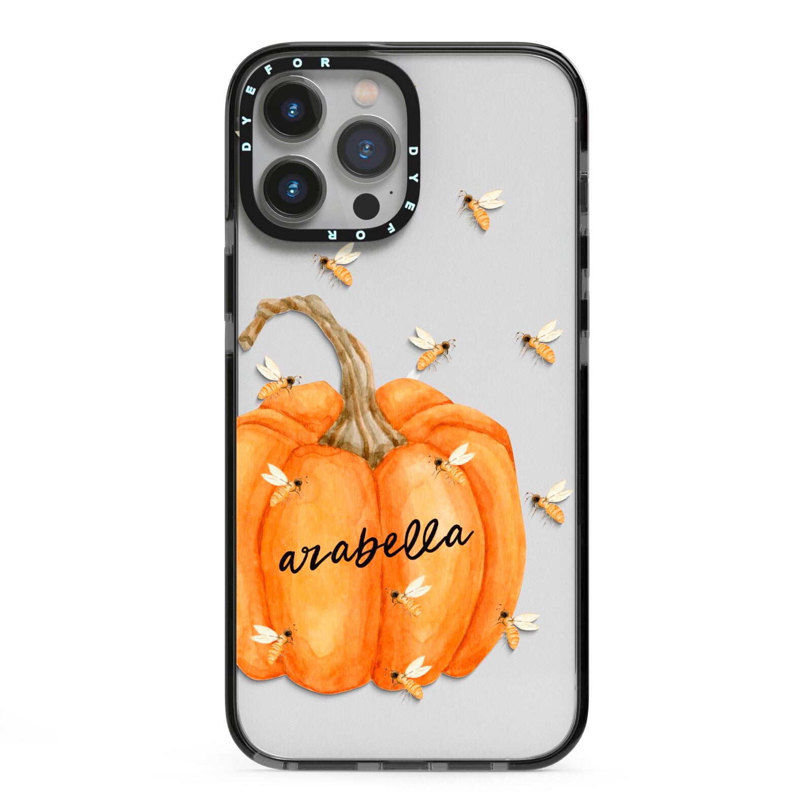 Personalised Pumpkin with Bees iPhone 13 Pro Max Black Impact Case on Silver phone