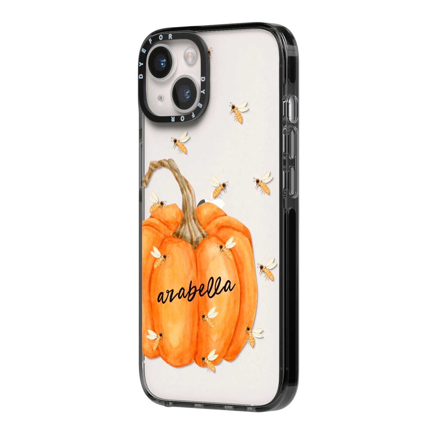 Personalised Pumpkin with Bees iPhone 14 Black Impact Case Side Angle on Silver phone