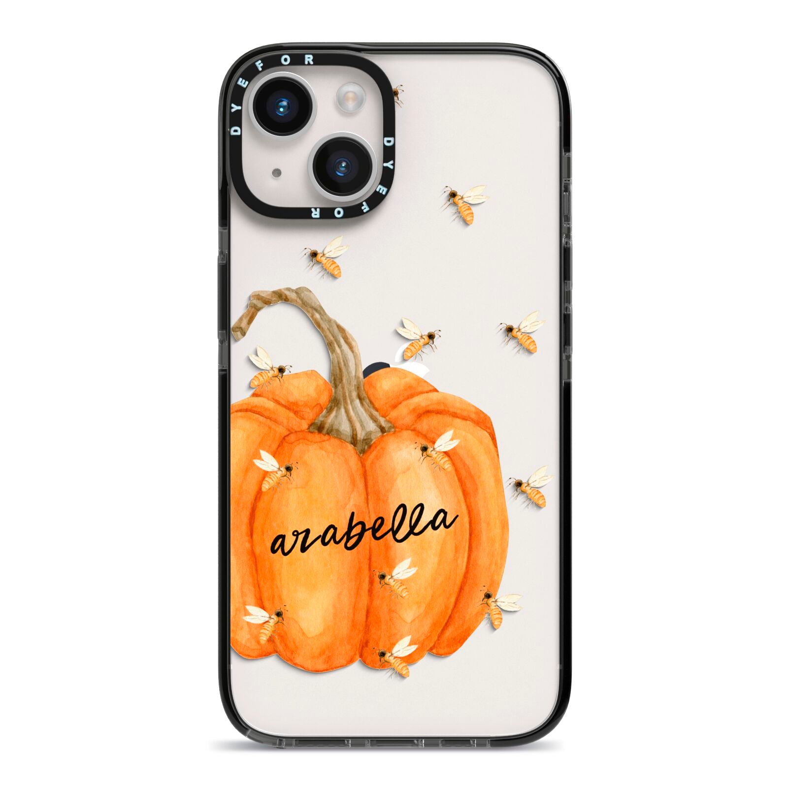 Personalised Pumpkin with Bees iPhone 14 Black Impact Case on Silver phone