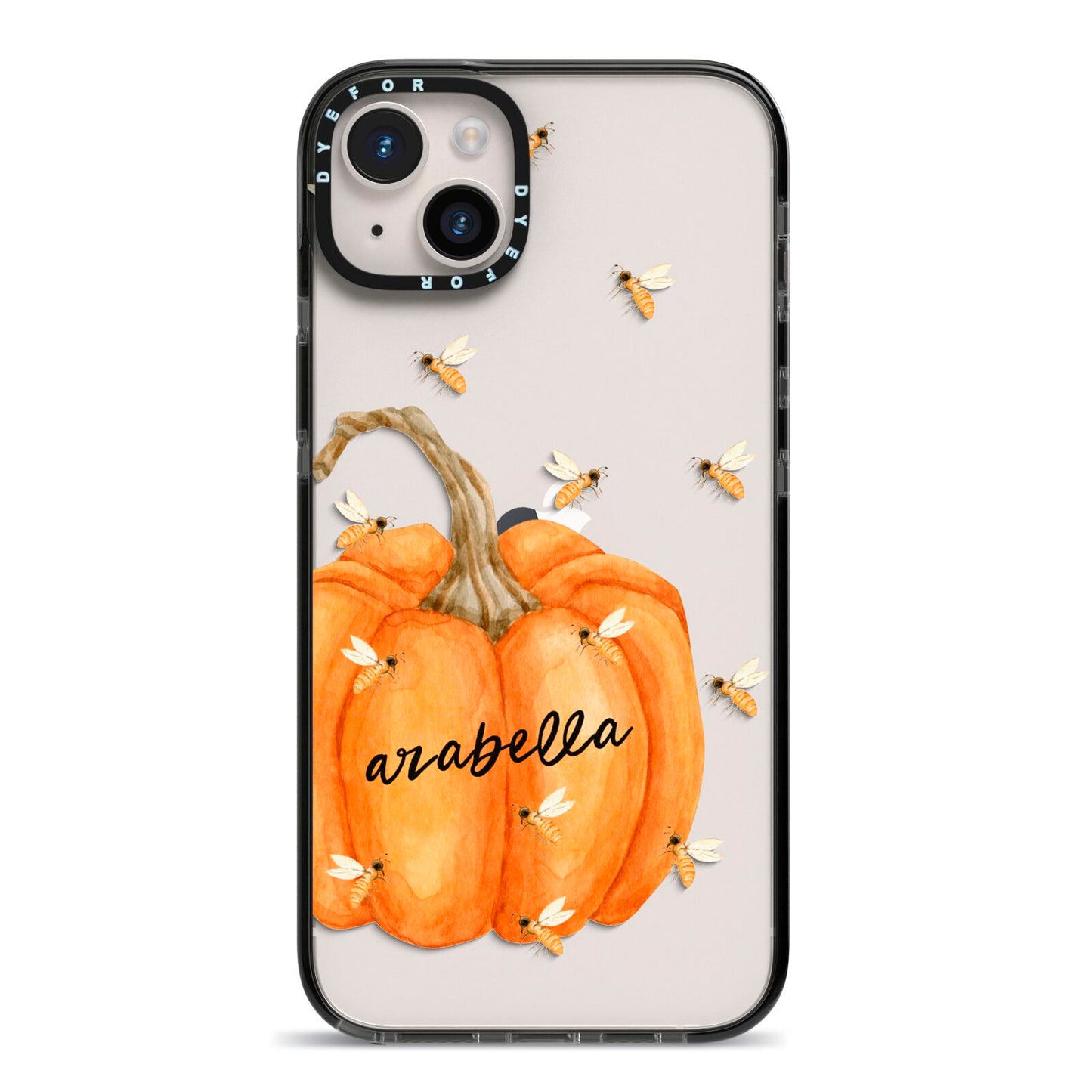 Personalised Pumpkin with Bees iPhone 14 Plus Black Impact Case on Silver phone