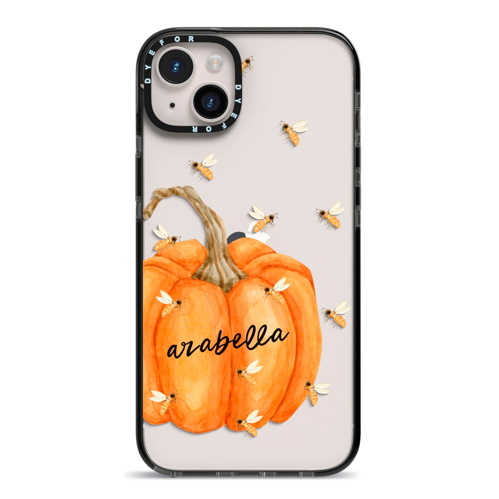 Personalised Pumpkin with Bees iPhone 14 Plus Black Impact Case on Silver phone