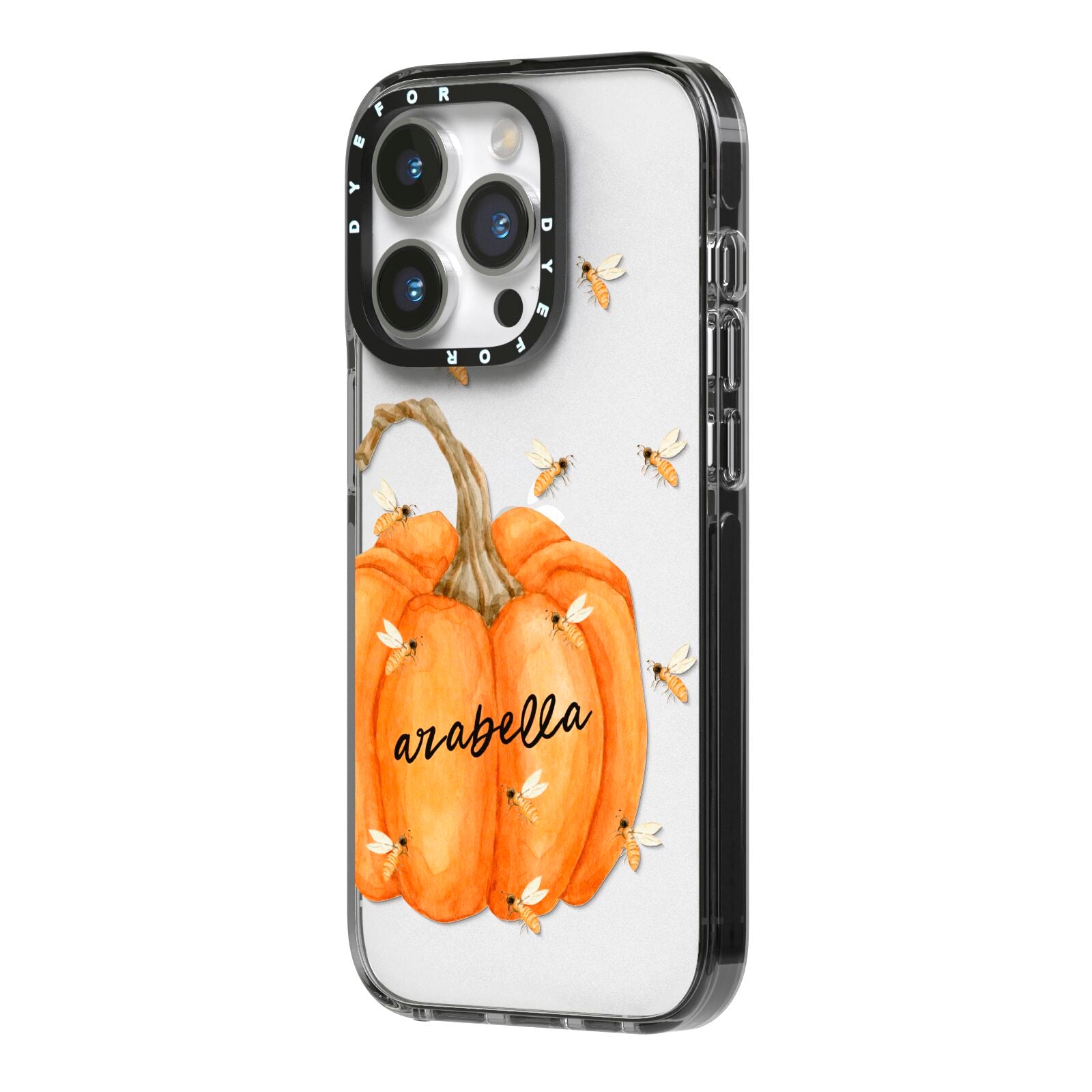 Personalised Pumpkin with Bees iPhone 14 Pro Black Impact Case Side Angle on Silver phone