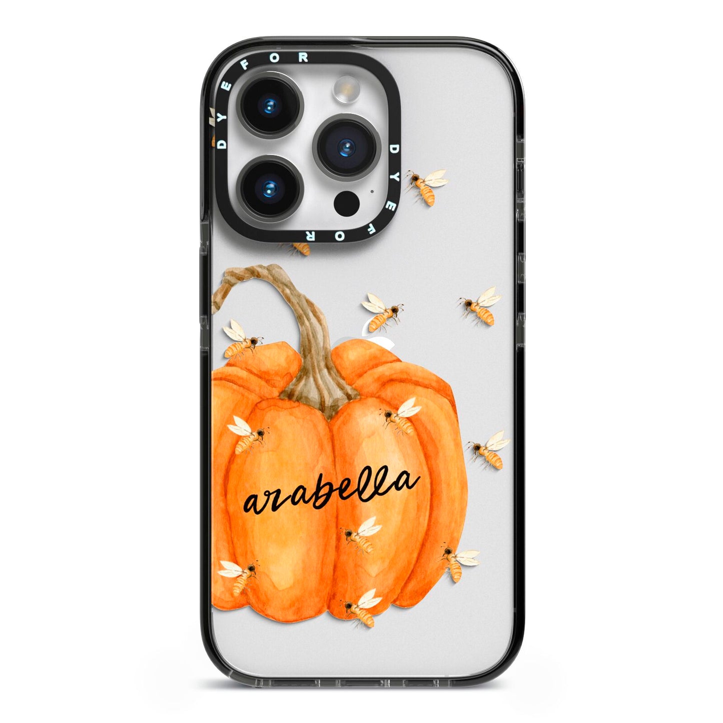 Personalised Pumpkin with Bees iPhone 14 Pro Black Impact Case on Silver phone