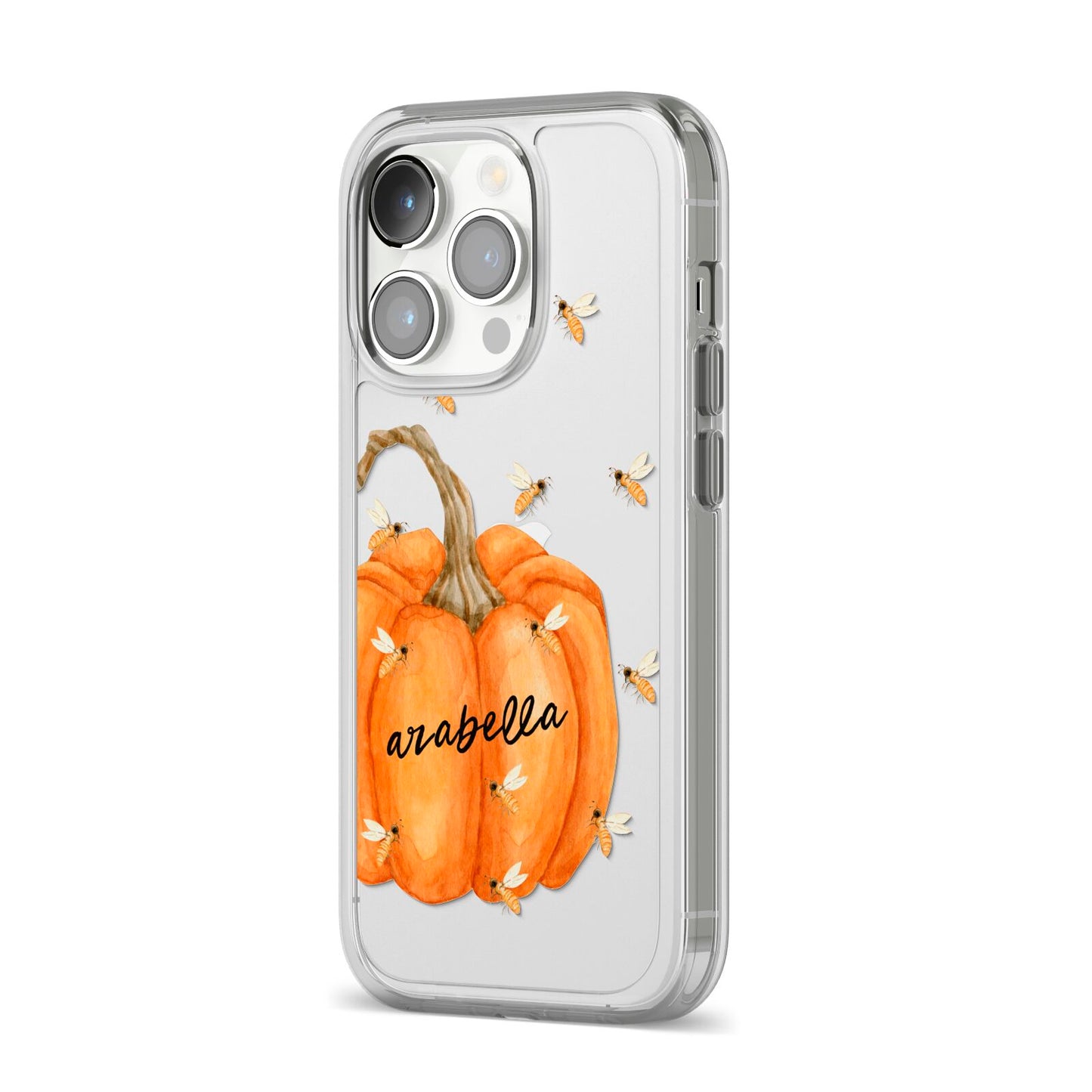 Personalised Pumpkin with Bees iPhone 14 Pro Clear Tough Case Silver Angled Image