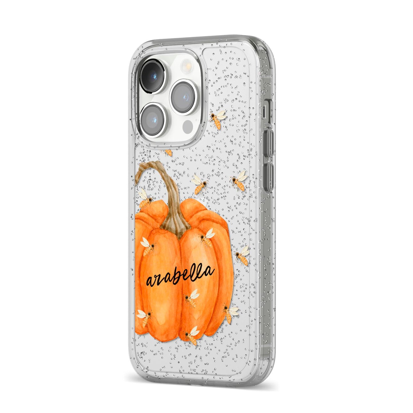 Personalised Pumpkin with Bees iPhone 14 Pro Glitter Tough Case Silver Angled Image