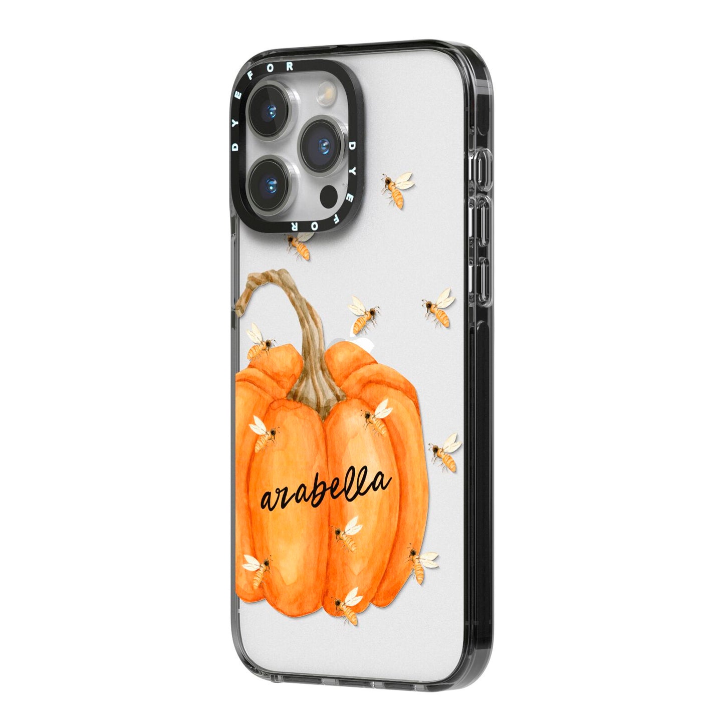 Personalised Pumpkin with Bees iPhone 14 Pro Max Black Impact Case Side Angle on Silver phone
