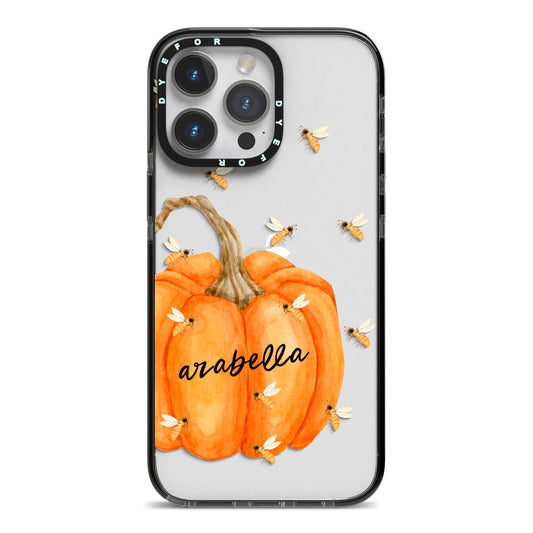 Personalised Pumpkin with Bees iPhone 14 Pro Max Black Impact Case on Silver phone