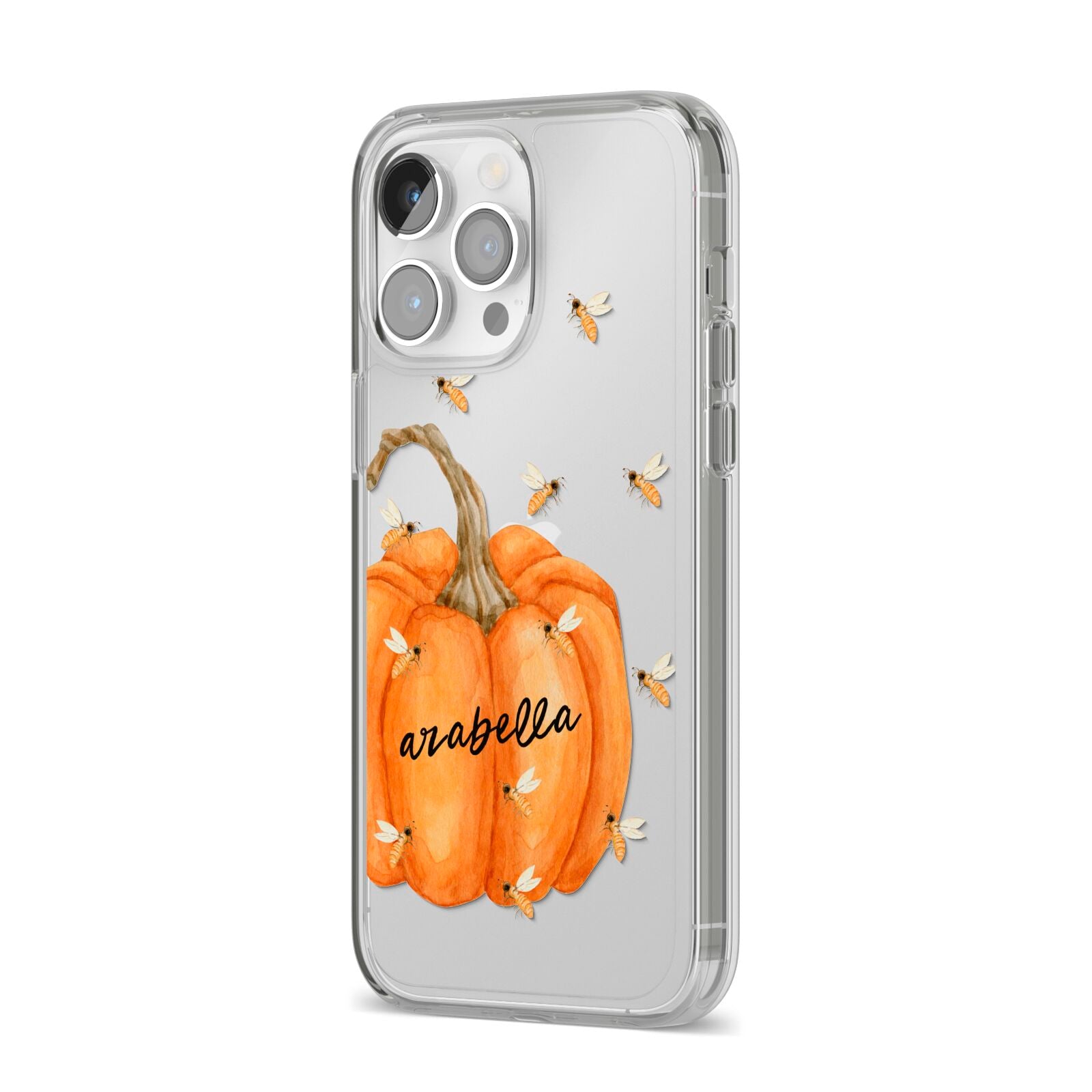 Personalised Pumpkin with Bees iPhone 14 Pro Max Clear Tough Case Silver Angled Image
