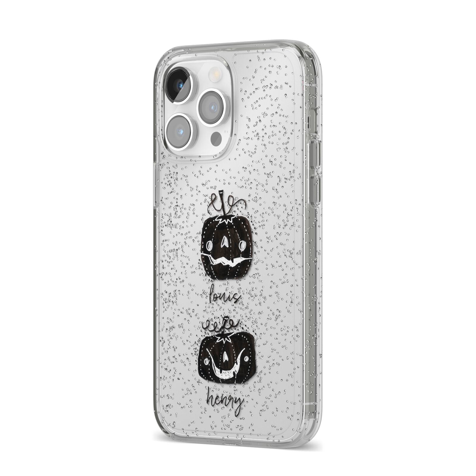 Personalised Pumpkins iPhone 14 Pro Max Glitter Tough Case Silver Angled Image