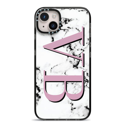 Personalised Purple Big Initials Marble iPhone 14 Plus Black Impact Case on Silver phone