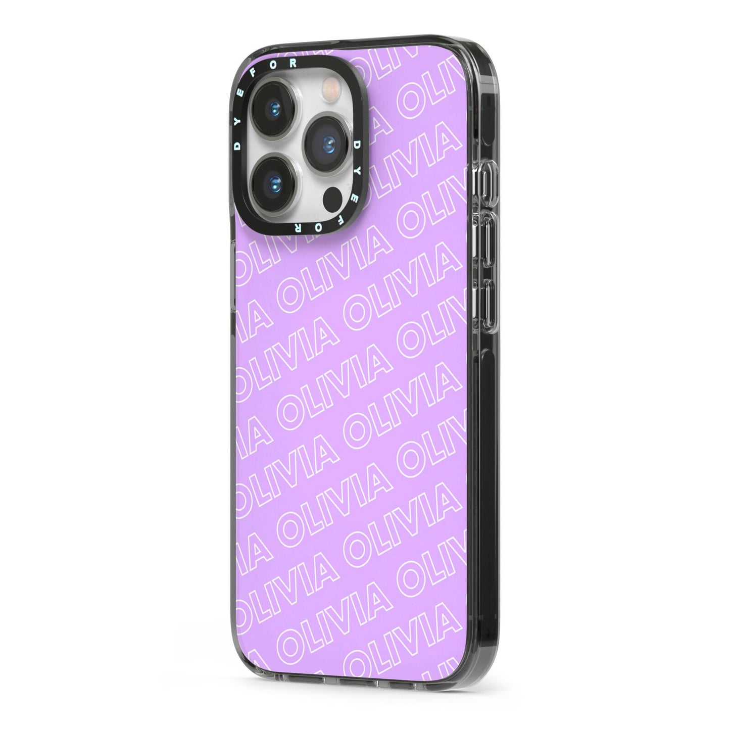 Personalised Purple Diagonal Name iPhone 13 Pro Black Impact Case Side Angle on Silver phone
