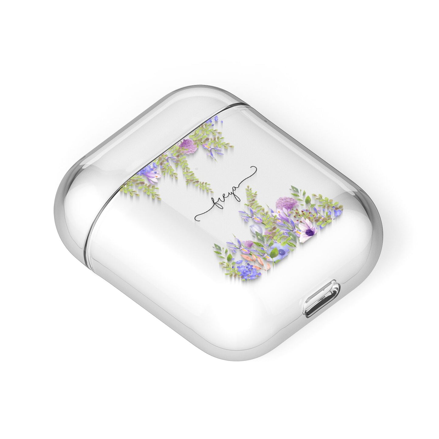 Personalised Purple Flowers AirPods Case Laid Flat