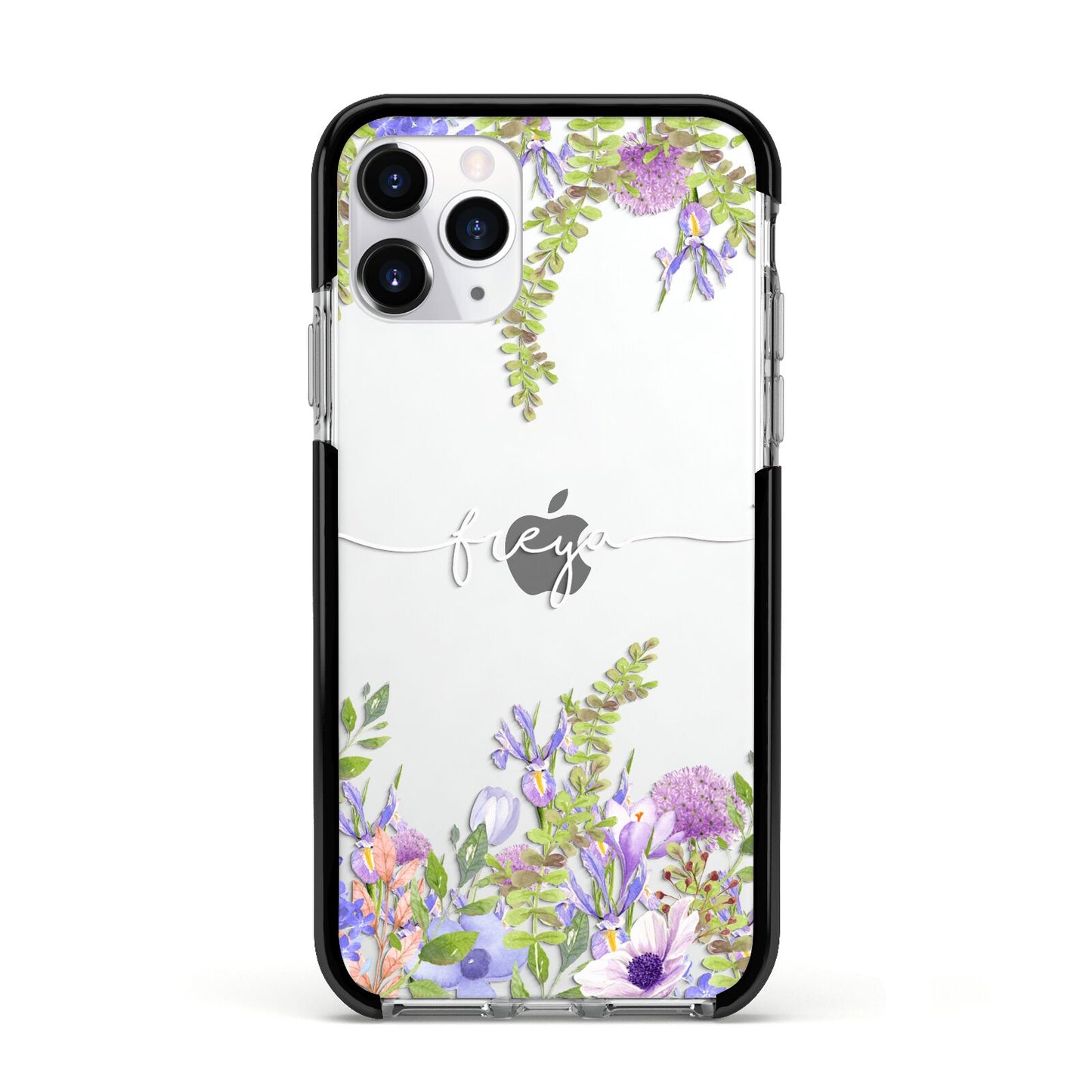 Personalised Purple Flowers Apple iPhone 11 Pro in Silver with Black Impact Case