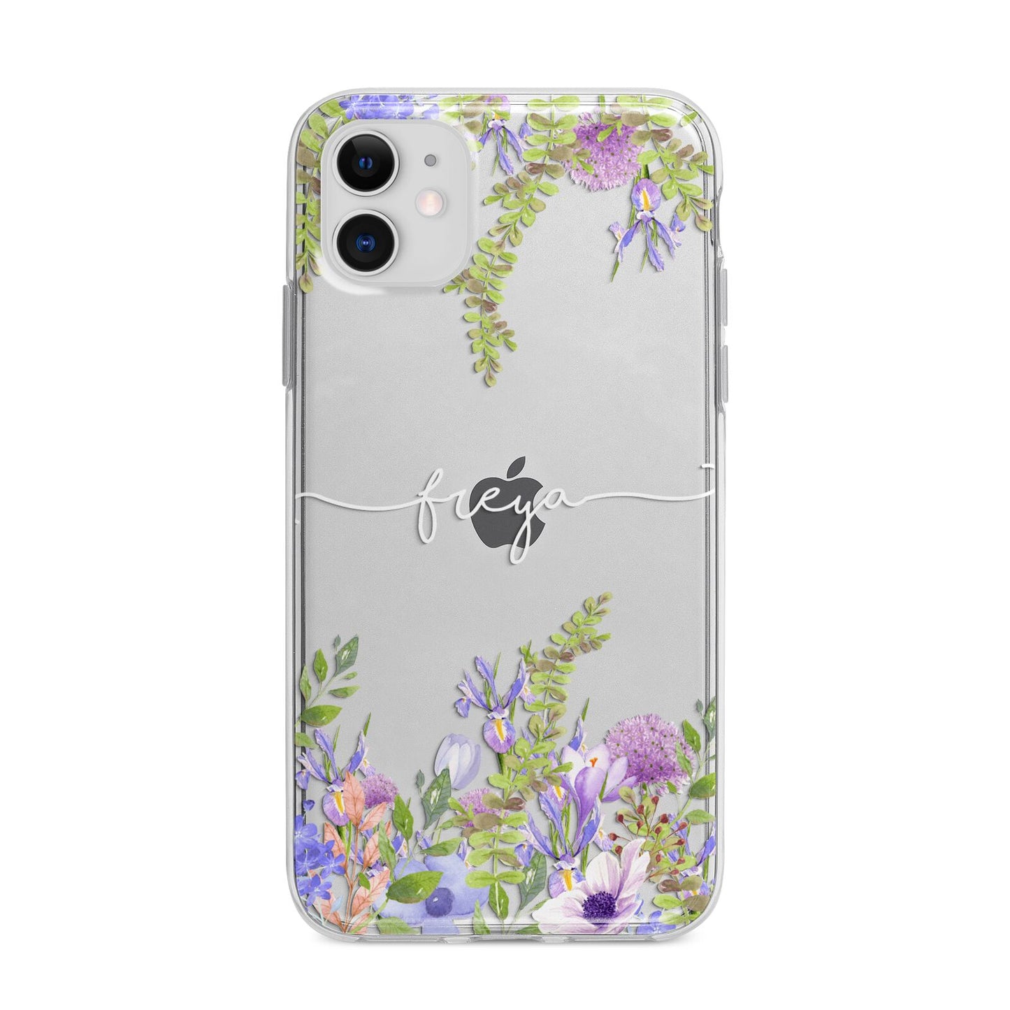 Personalised Purple Flowers Apple iPhone 11 in White with Bumper Case
