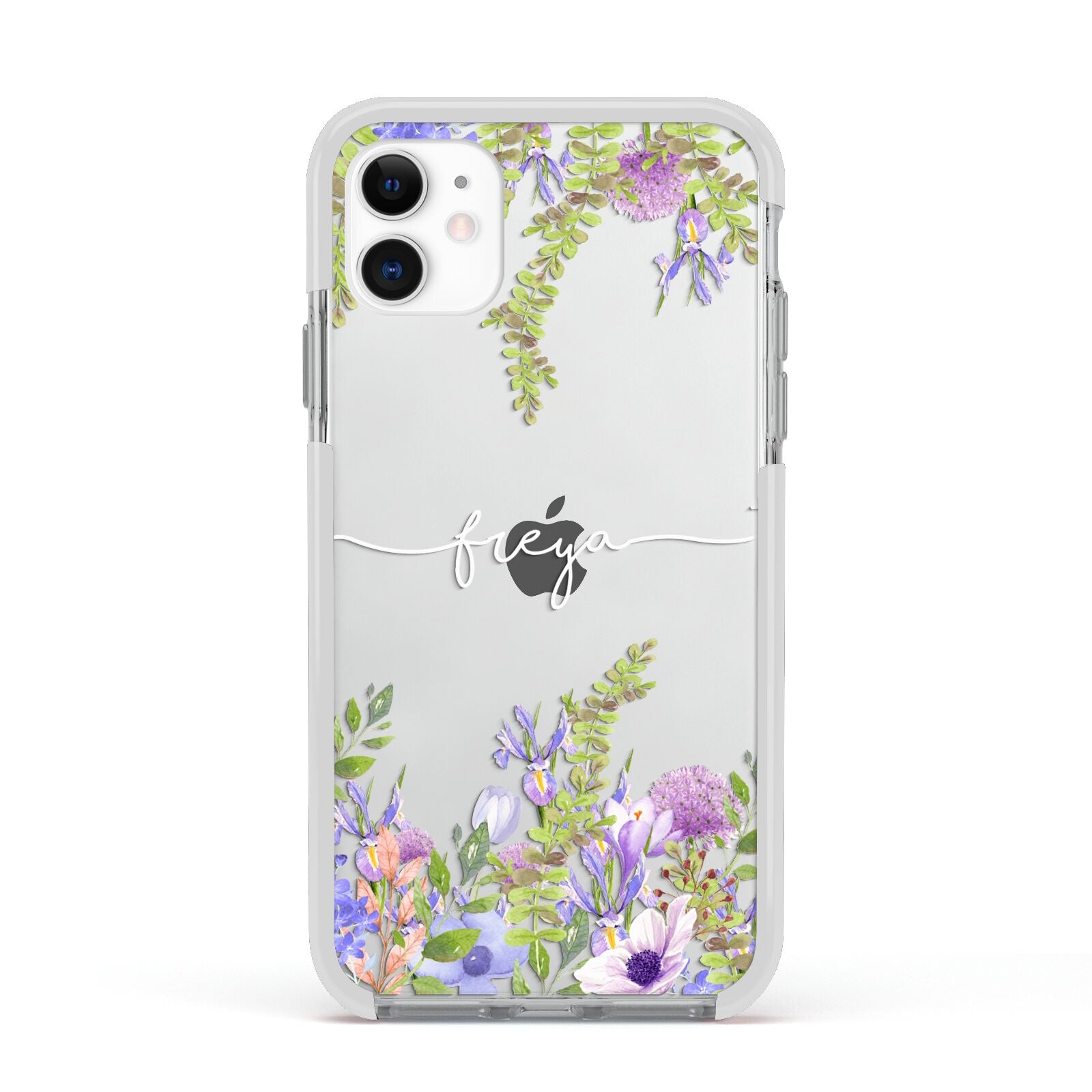 Personalised Purple Flowers Apple iPhone 11 in White with White Impact Case