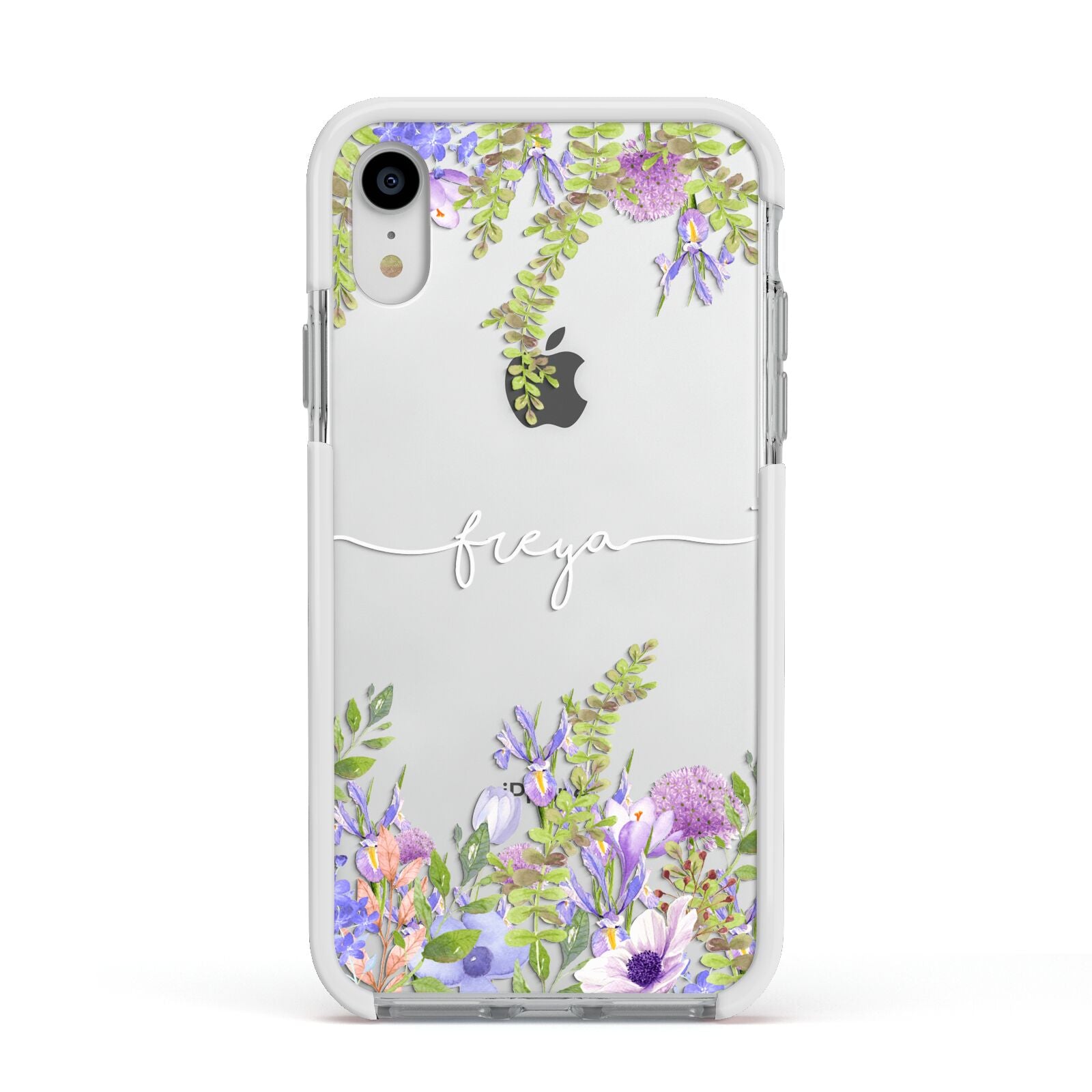 Personalised Purple Flowers Apple iPhone XR Impact Case White Edge on Silver Phone