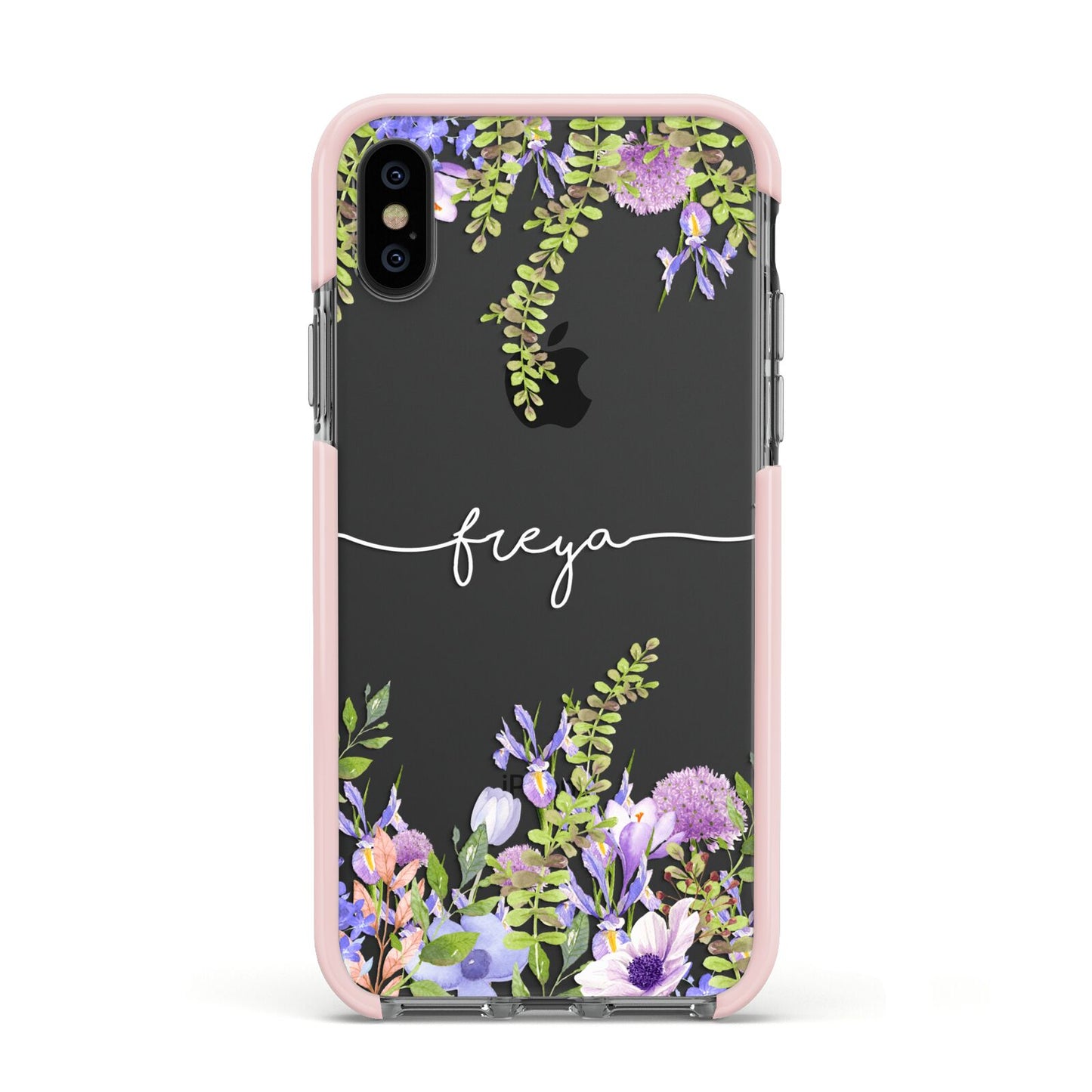 Personalised Purple Flowers Apple iPhone Xs Impact Case Pink Edge on Black Phone
