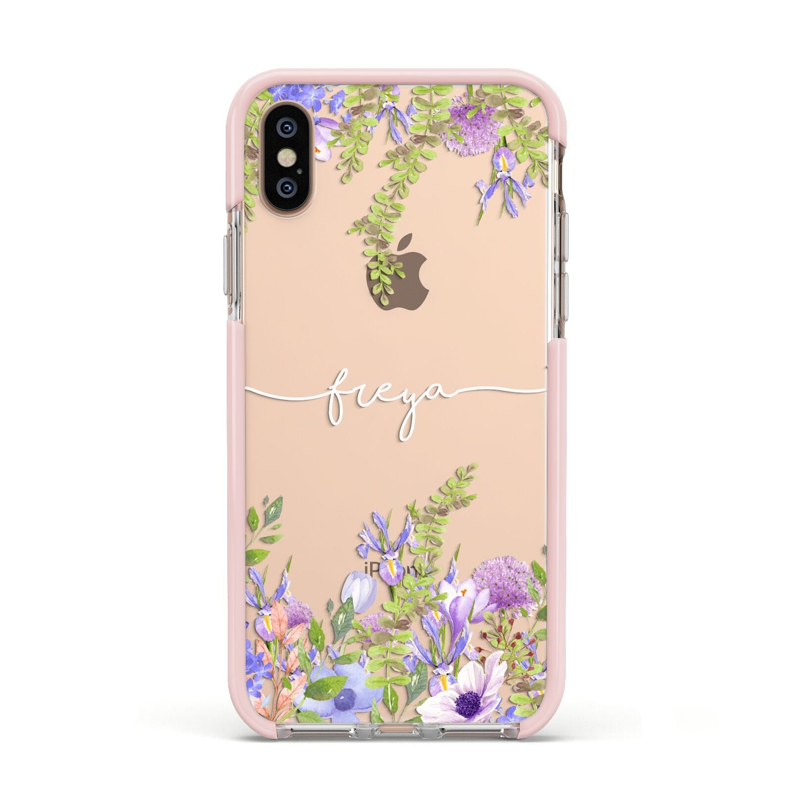 Personalised Purple Flowers Apple iPhone Xs Impact Case Pink Edge on Gold Phone