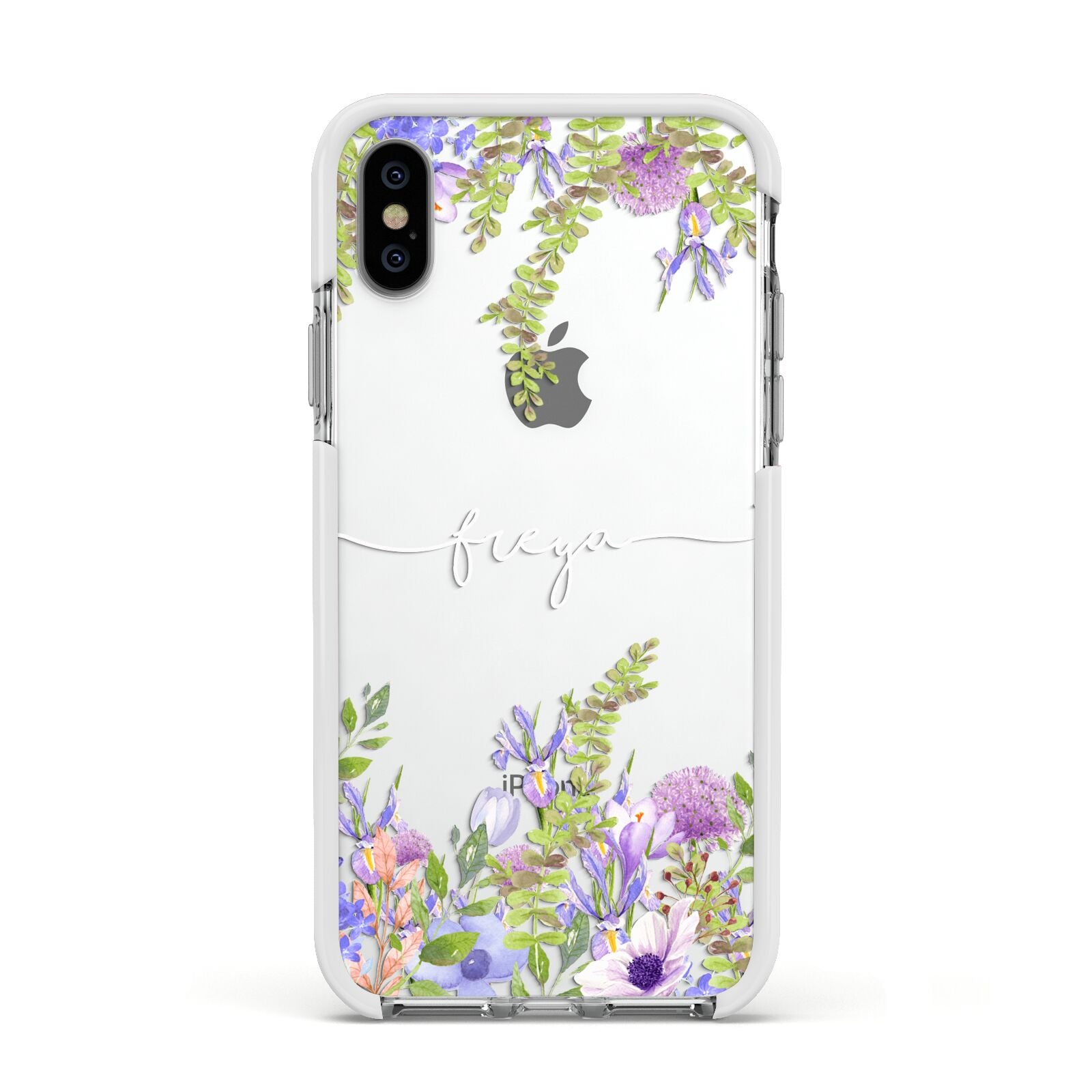 Personalised Purple Flowers Apple iPhone Xs Impact Case White Edge on Silver Phone