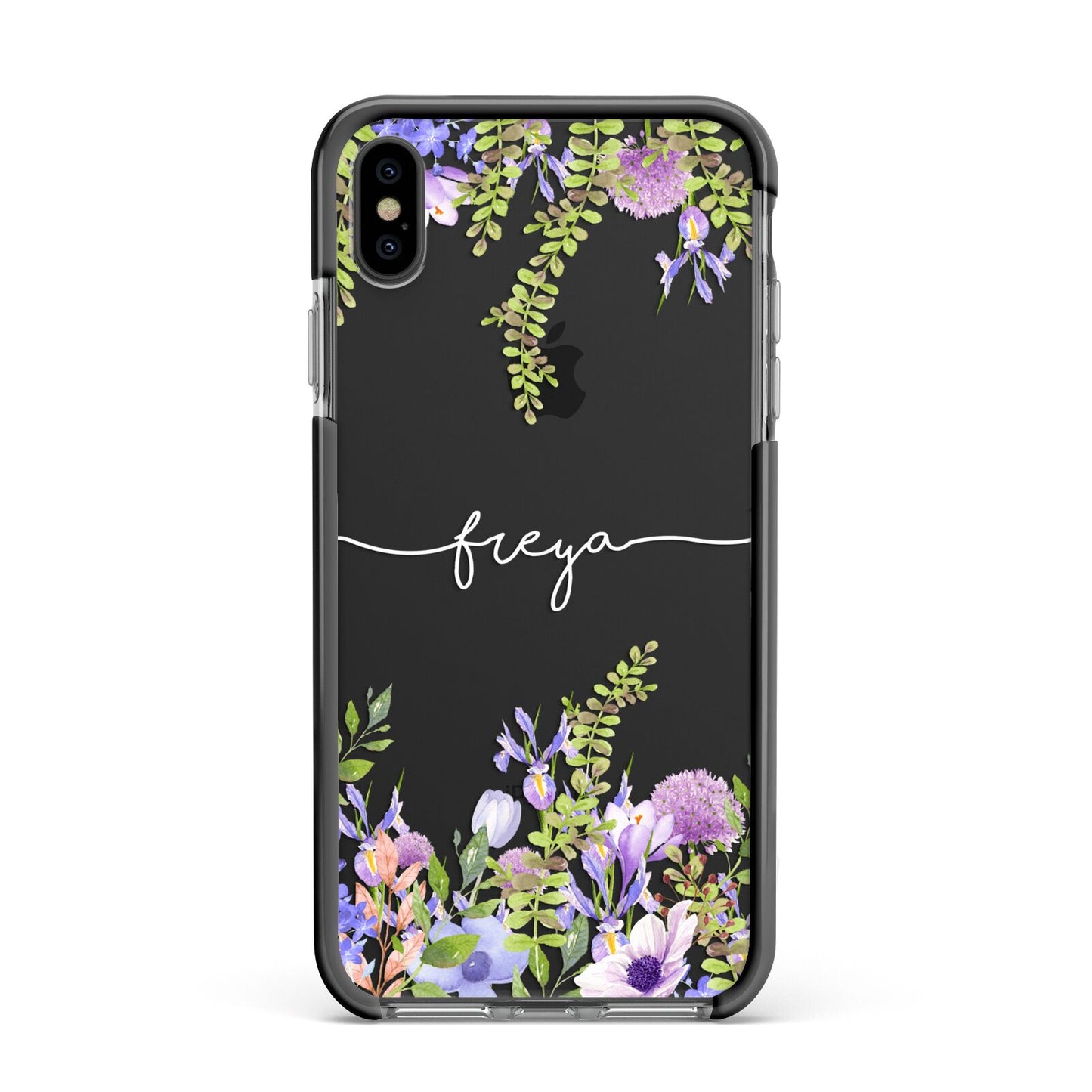 Personalised Purple Flowers Apple iPhone Xs Max Impact Case Black Edge on Black Phone
