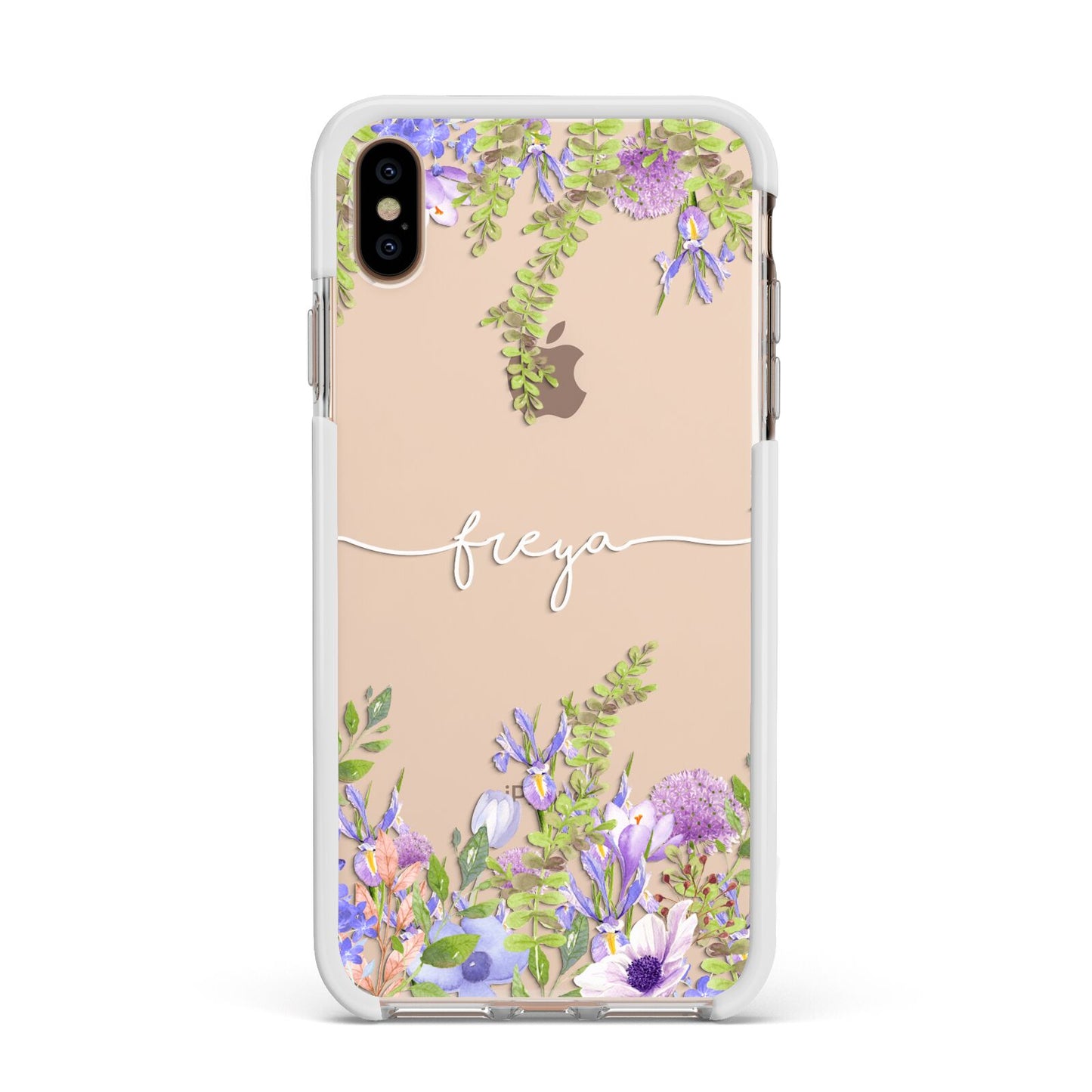 Personalised Purple Flowers Apple iPhone Xs Max Impact Case White Edge on Gold Phone
