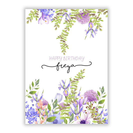 Personalised Purple Flowers Happy Birthday A5 Flat Greetings Card