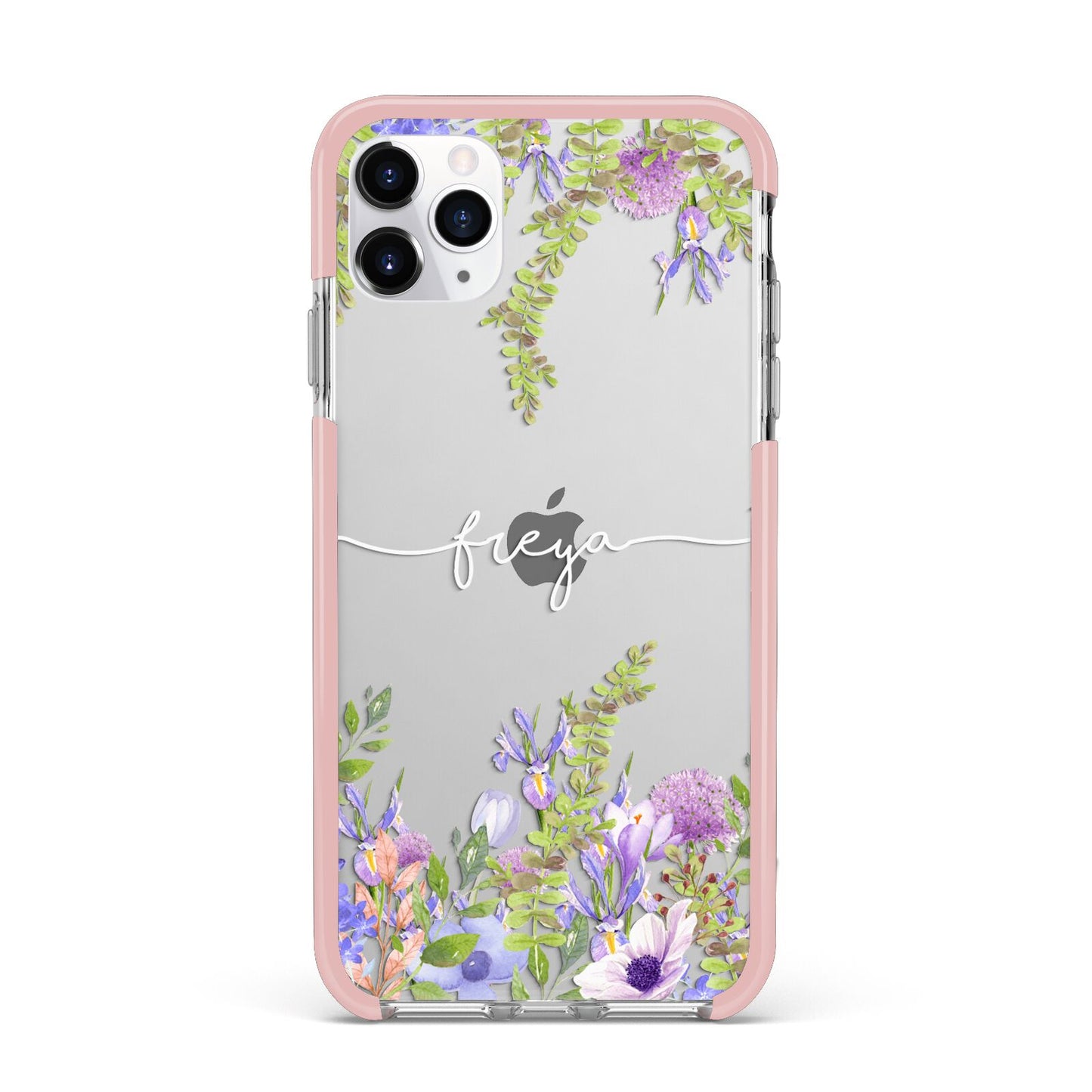 Personalised Purple Flowers iPhone 11 Pro Max Impact Pink Edge Case