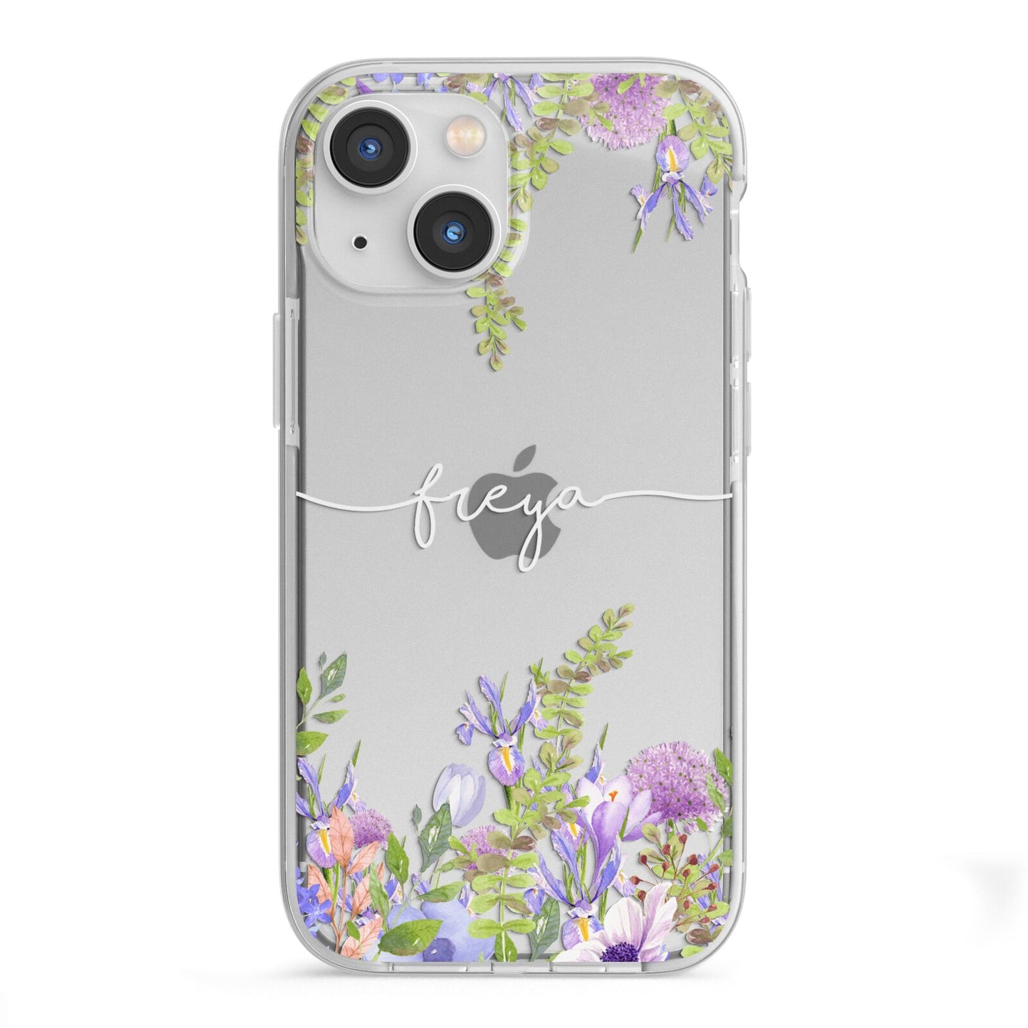 Personalised Purple Flowers iPhone 13 Mini TPU Impact Case with White Edges