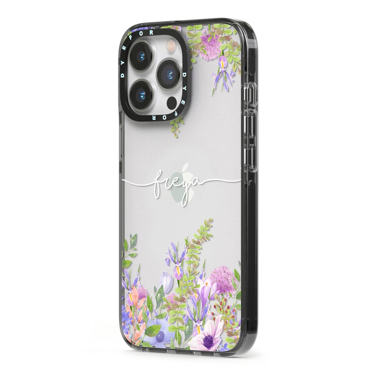 Personalised Purple Flowers iPhone 13 Pro Black Impact Case Side Angle on Silver phone